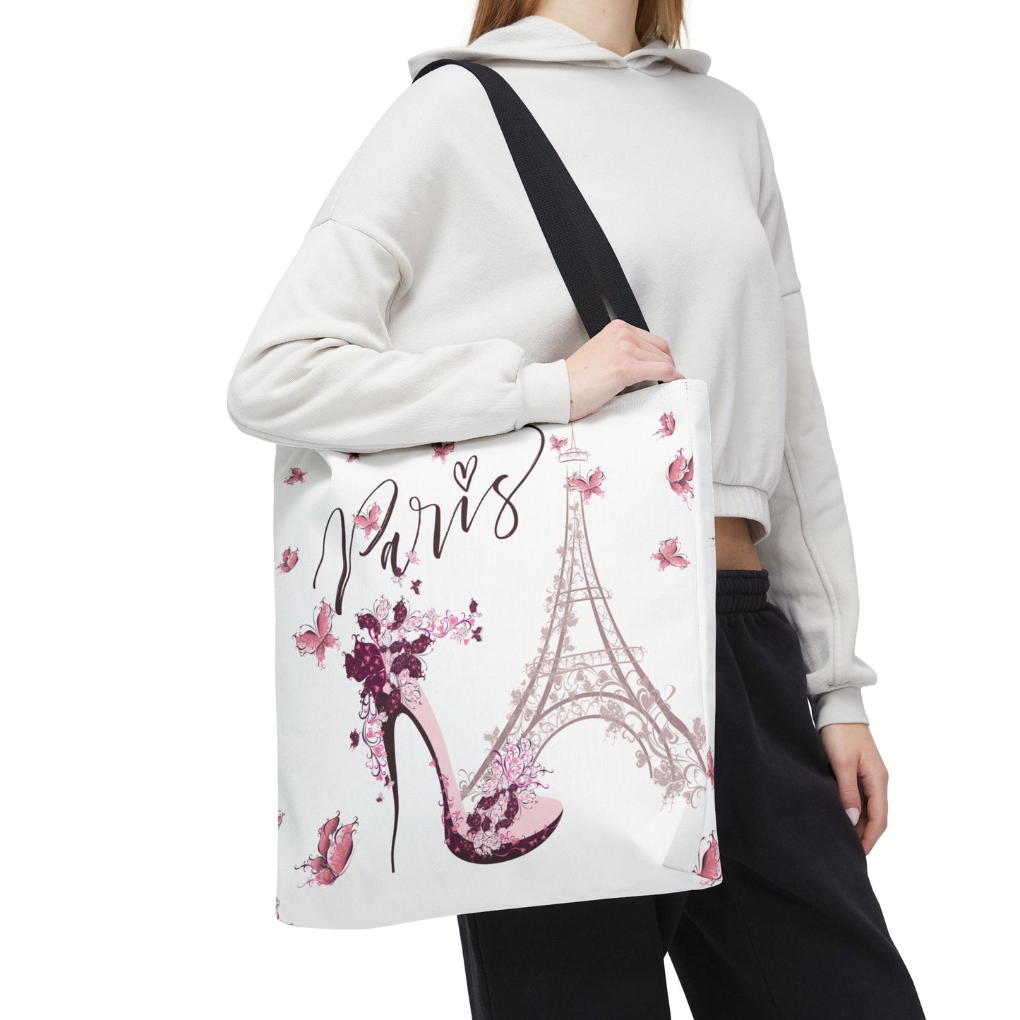 Eiffel Tower in Paris Tote Bag, Utility Tote - Paris France Inspired Tote - Pink Butterflies
