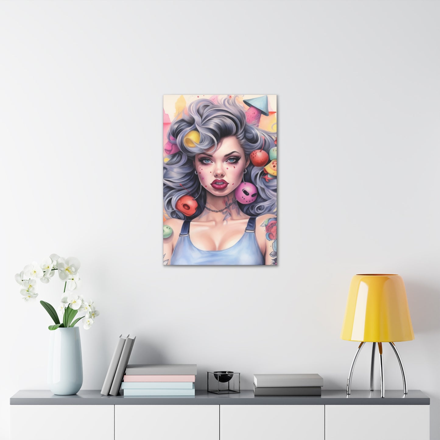 Gallery Wrapped Canvas, Tattooed Beauty, Femme Doll Pop Art Canvas – Lila
