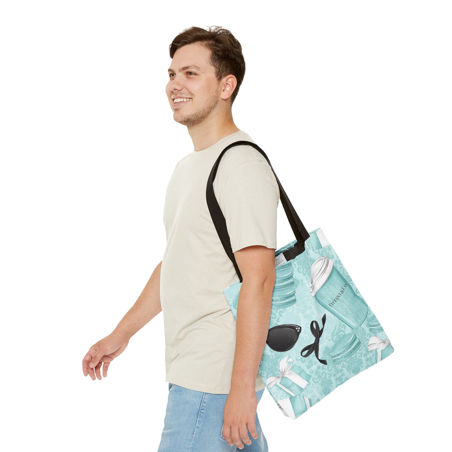 Coffee and Macarons Canvas Tote Bag, Basic Square Tote - Breakfast at Tiffany Inspired, Paris Blue