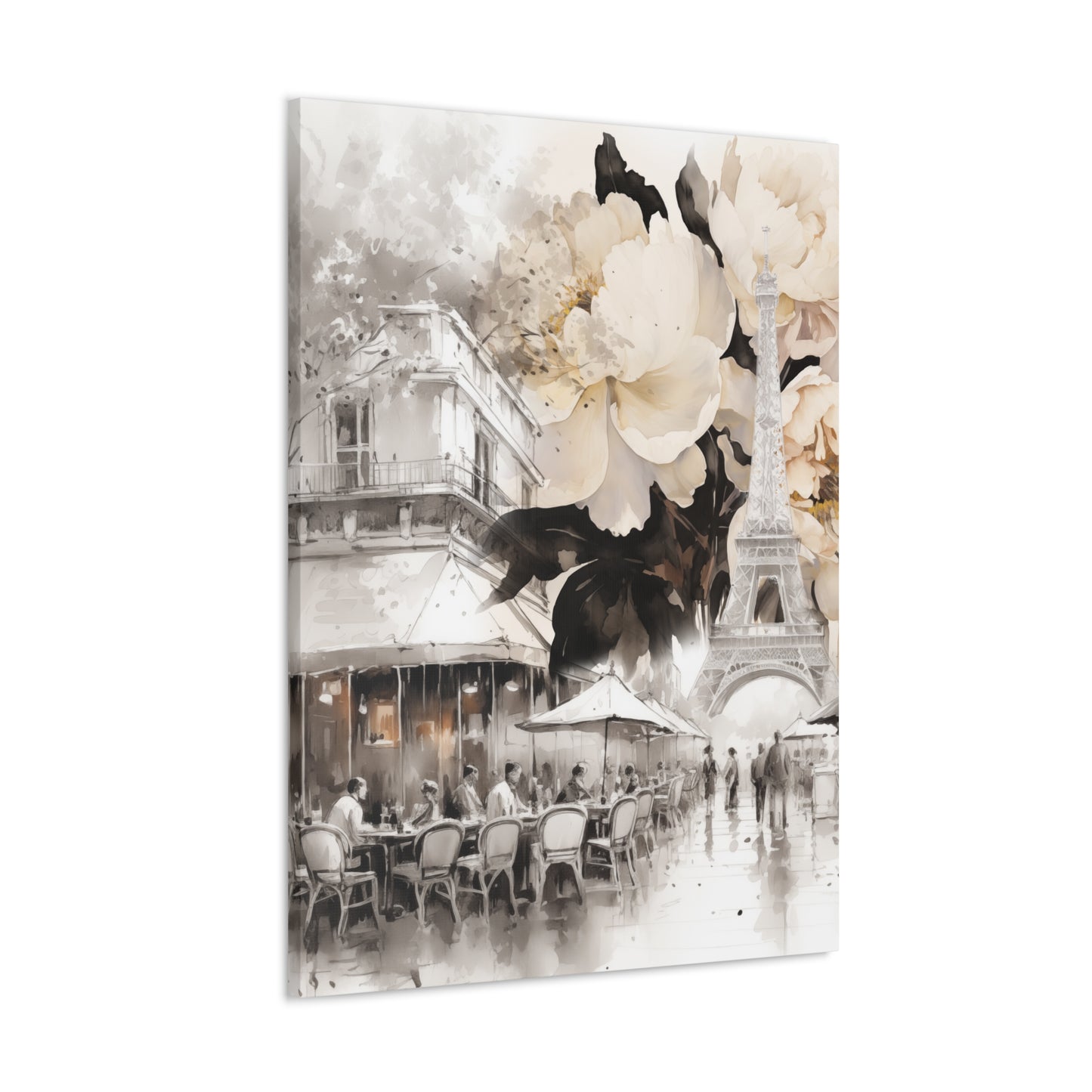 Cafe in Paris with Cream Peonies Canvas Gallery Wrap