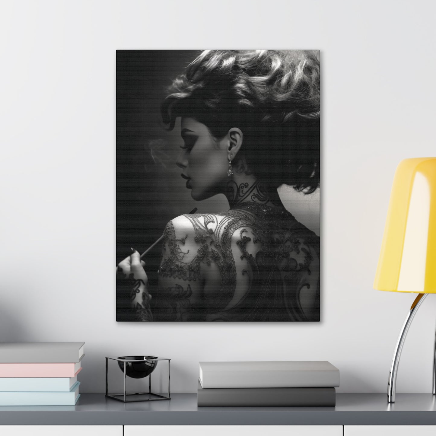 Canvas Gallery Wrap - Black and White Photography - Tattooed and Smoking