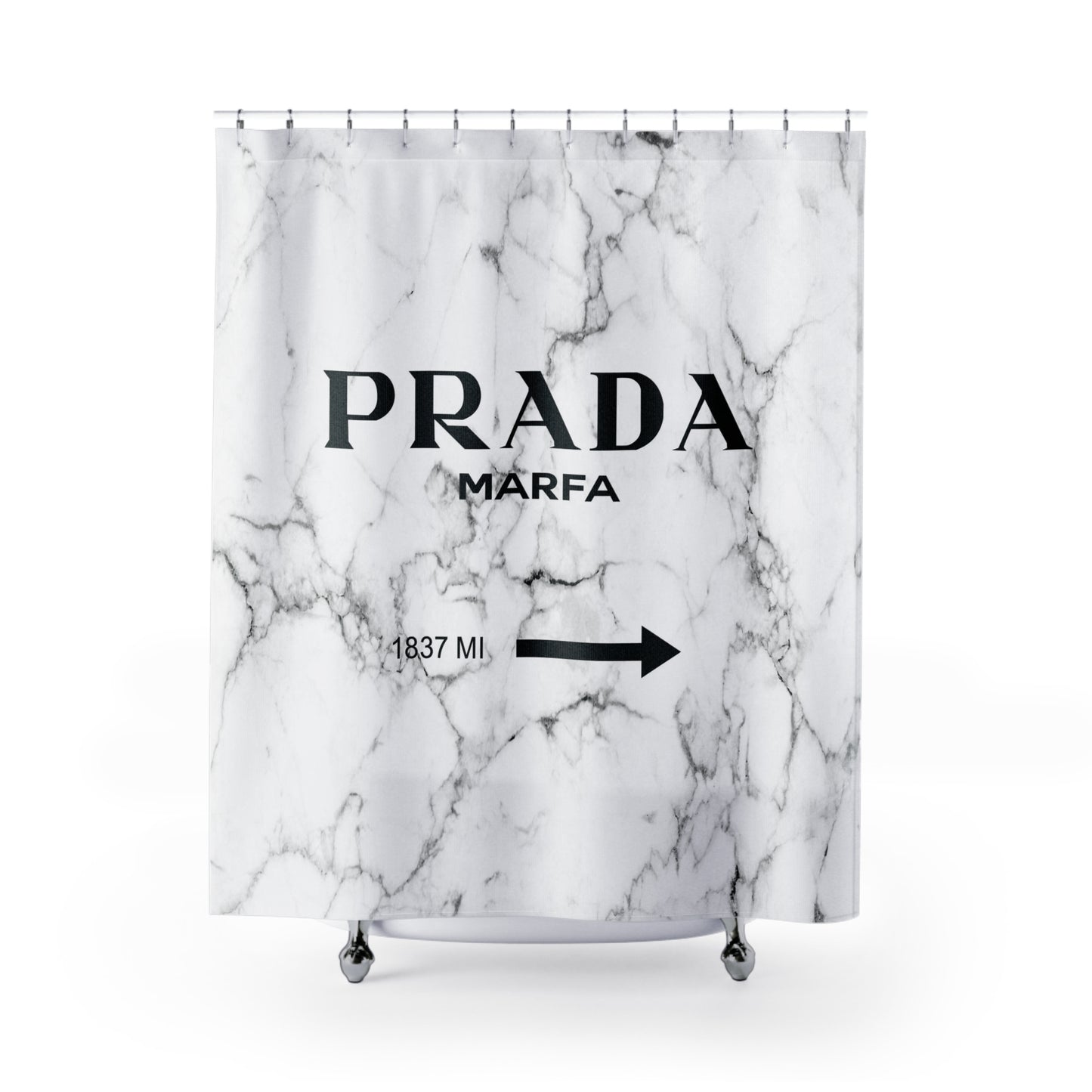 1837 MILES to MARFA White Marble Shower Curtain - Designer Shower Curtain - Marfa Texas Fashion Art Installation Sign