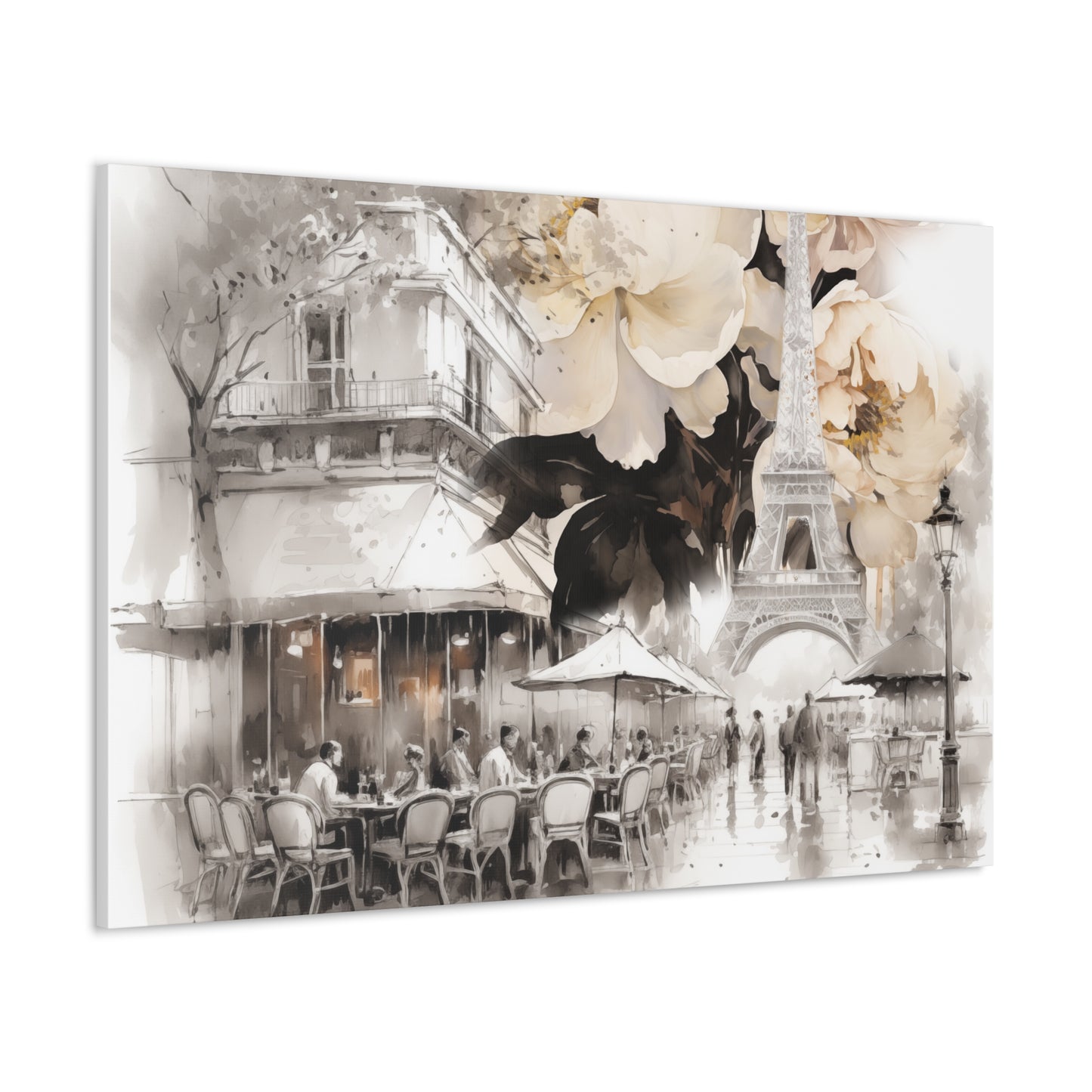 Cafe in Paris with Cream Peonies Canvas Gallery Wrap