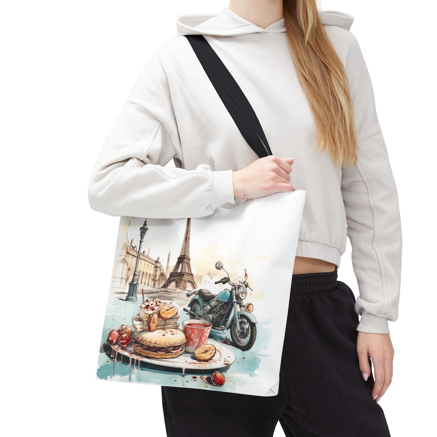 Canvas Tote Bag, Basic Square Tote - Vintage Motorcycle and Pastries in Paris