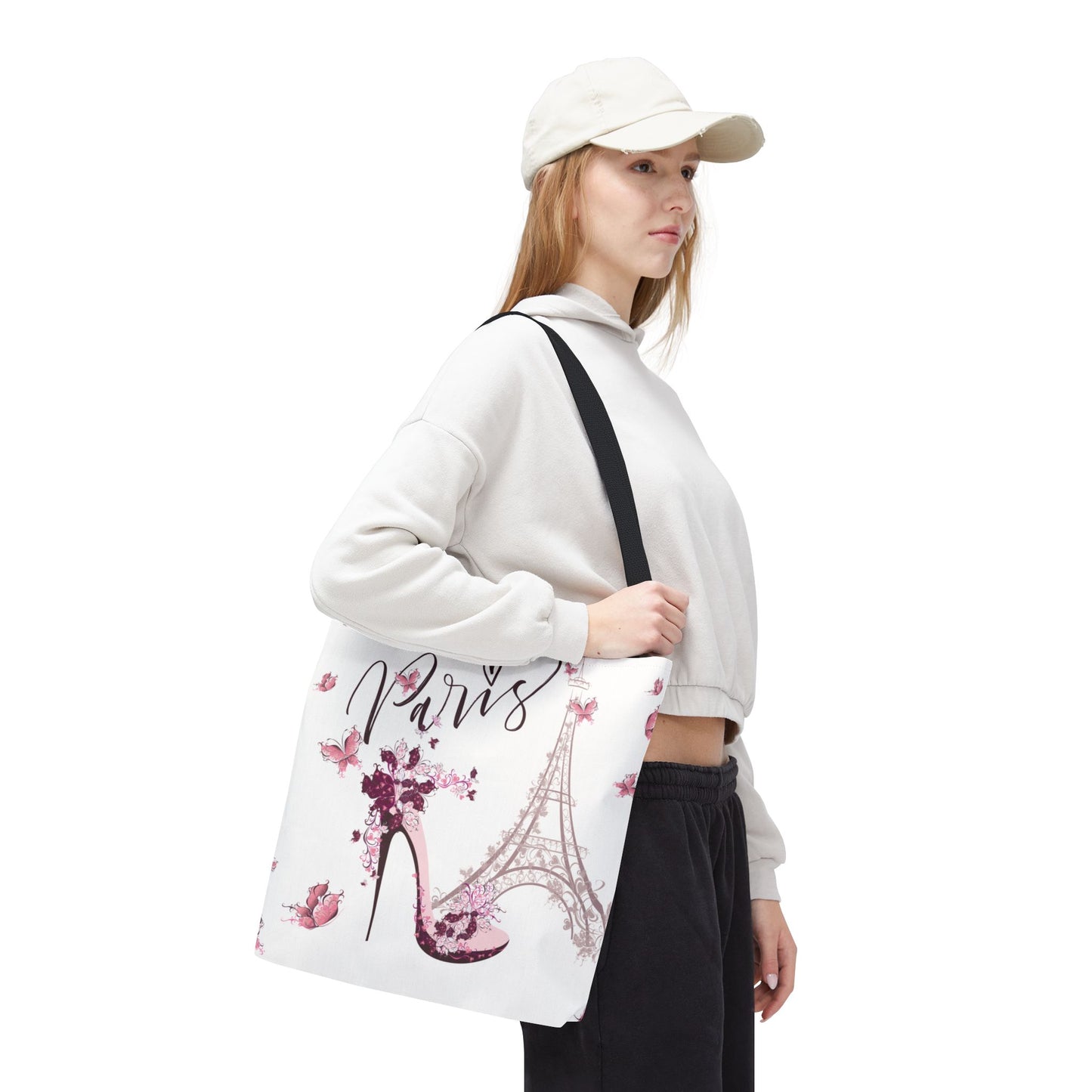 Eiffel Tower in Paris Tote Bag, Utility Tote - Paris France Inspired Tote - Pink Butterflies