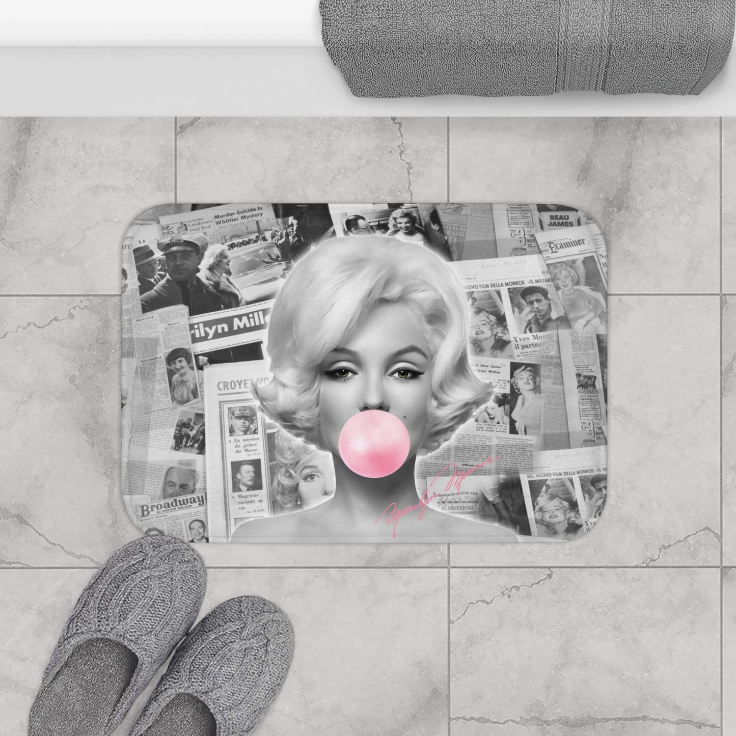 Marilyn Monroe Bath Mat - Black and White Vintage News Print - Marilyn Monroe Bubblegum Pink Autograph Bath Curtain