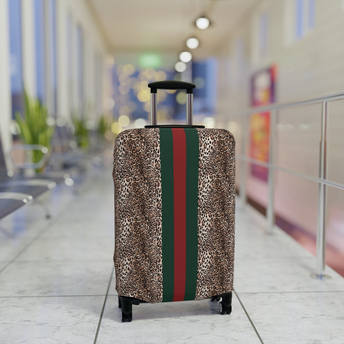 Designer Inspired Luggage Cover - Leopard - Red Green Stripe