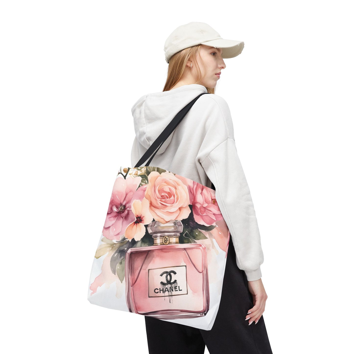 Designer Perfume Inspired Canvas Tote Bag, Basic Square Tote - Pink Perfume Bottle Vase, Designer Perfume