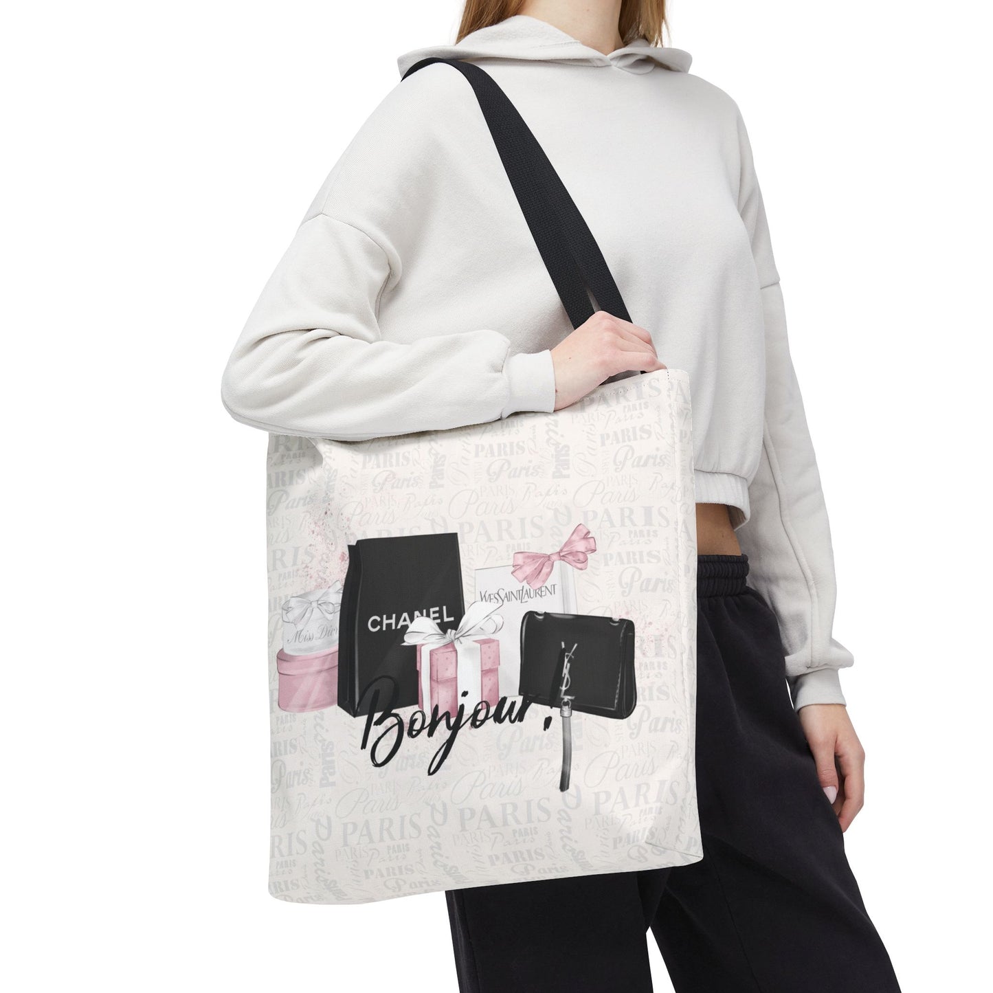 Bonjour Tote Bag, Utility Tote - Designer Inspired Tote - Shopping Fashion Tote - Parisian Pink