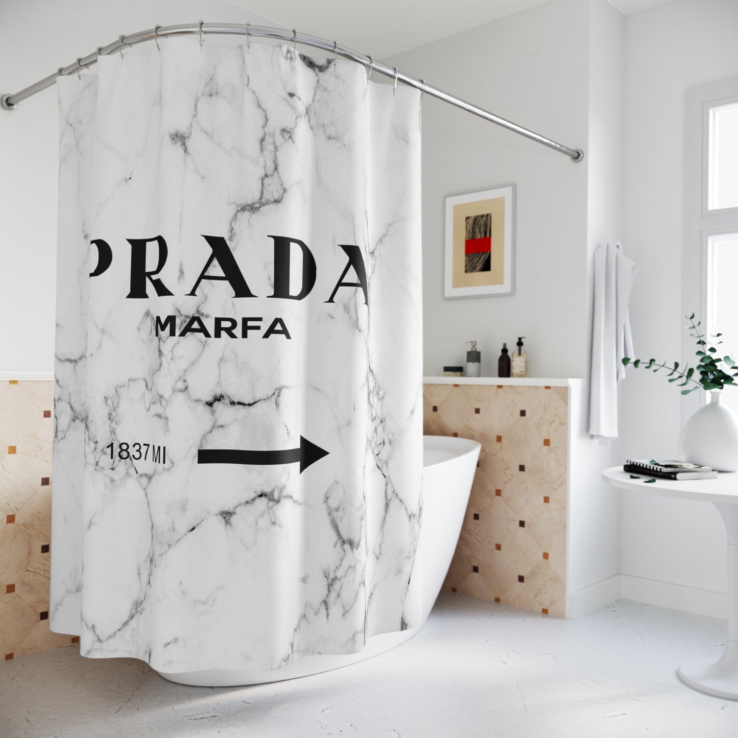 1837 MILES to MARFA White Marble Shower Curtain - Designer Shower Curtain - Marfa Texas Fashion Art Installation Sign