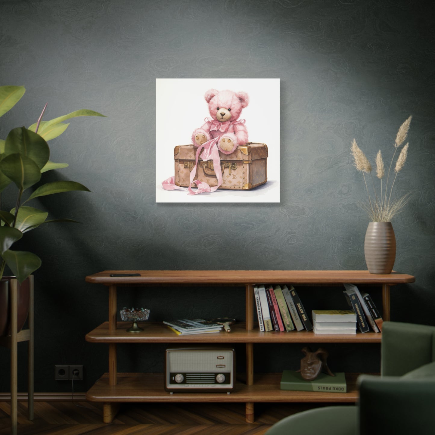 Canvas Gallery Wrap - Designer Inspired Trunk Bear Wall Art - Gold Buttons