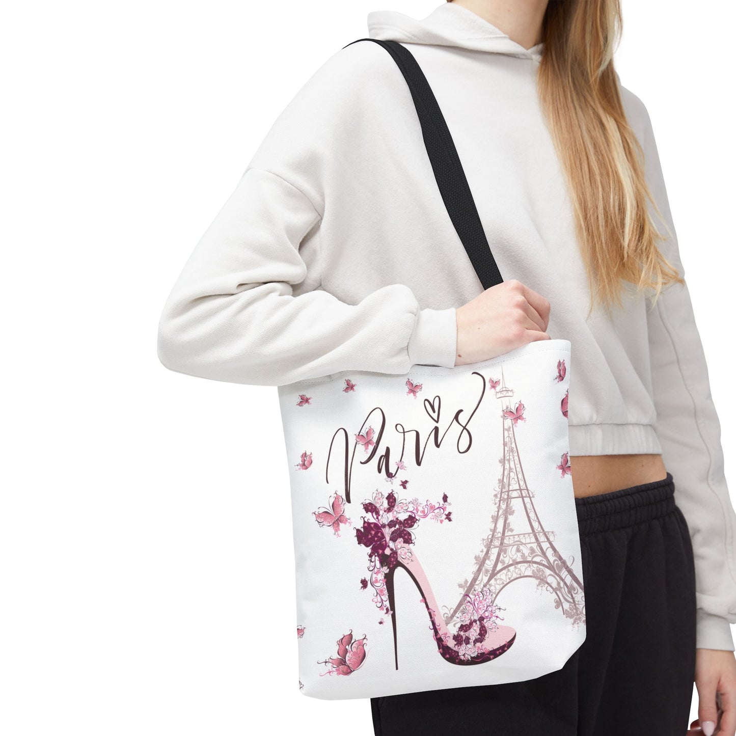 Eiffel Tower in Paris Tote Bag, Utility Tote - Paris France Inspired Tote - Pink Butterflies