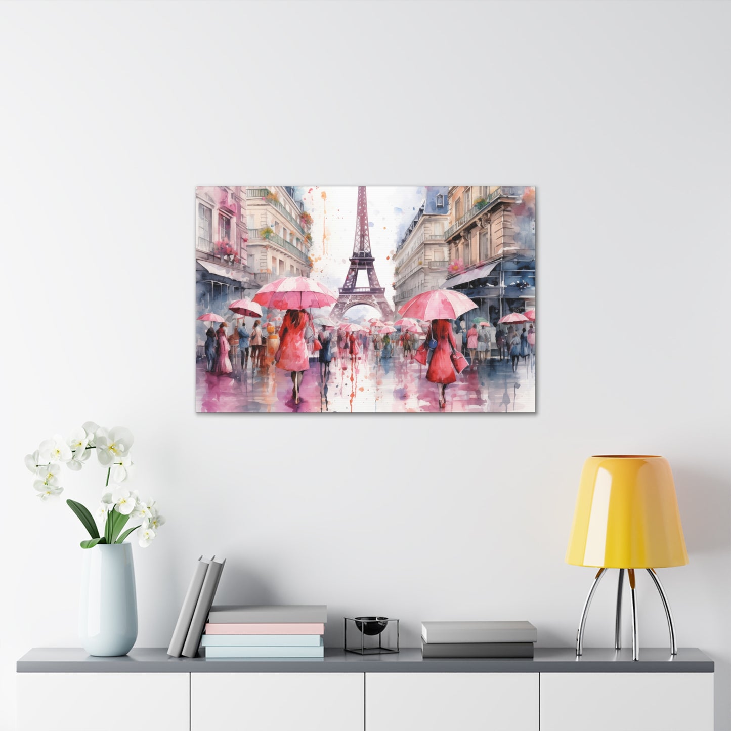Eiffel Tower Wall Art, Paris France, Canvas Gallery Wrap - Pink Umbrellas