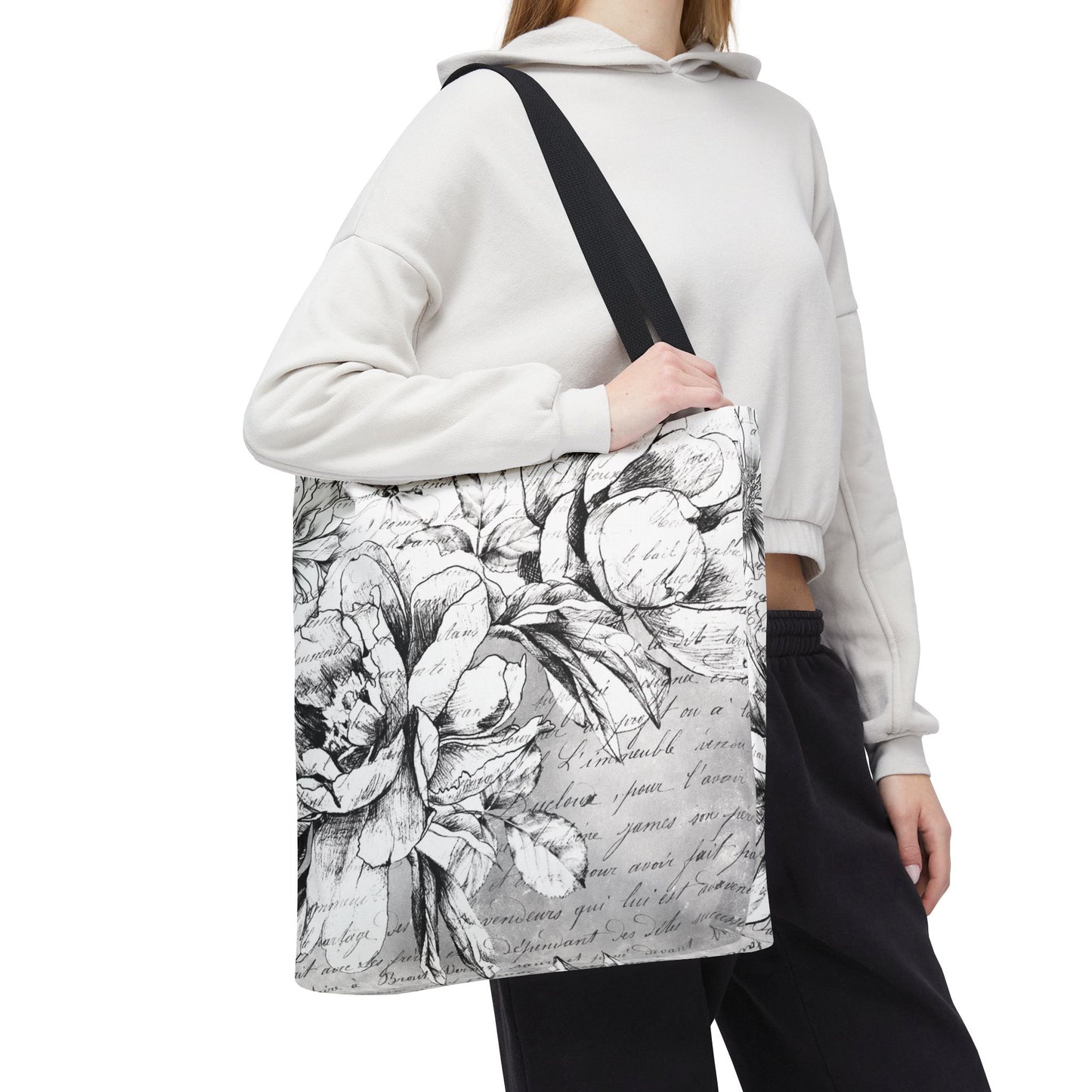 Peony Sketch Tote Bag, Utility Tote - Script Tote - Love Letters and Peonies