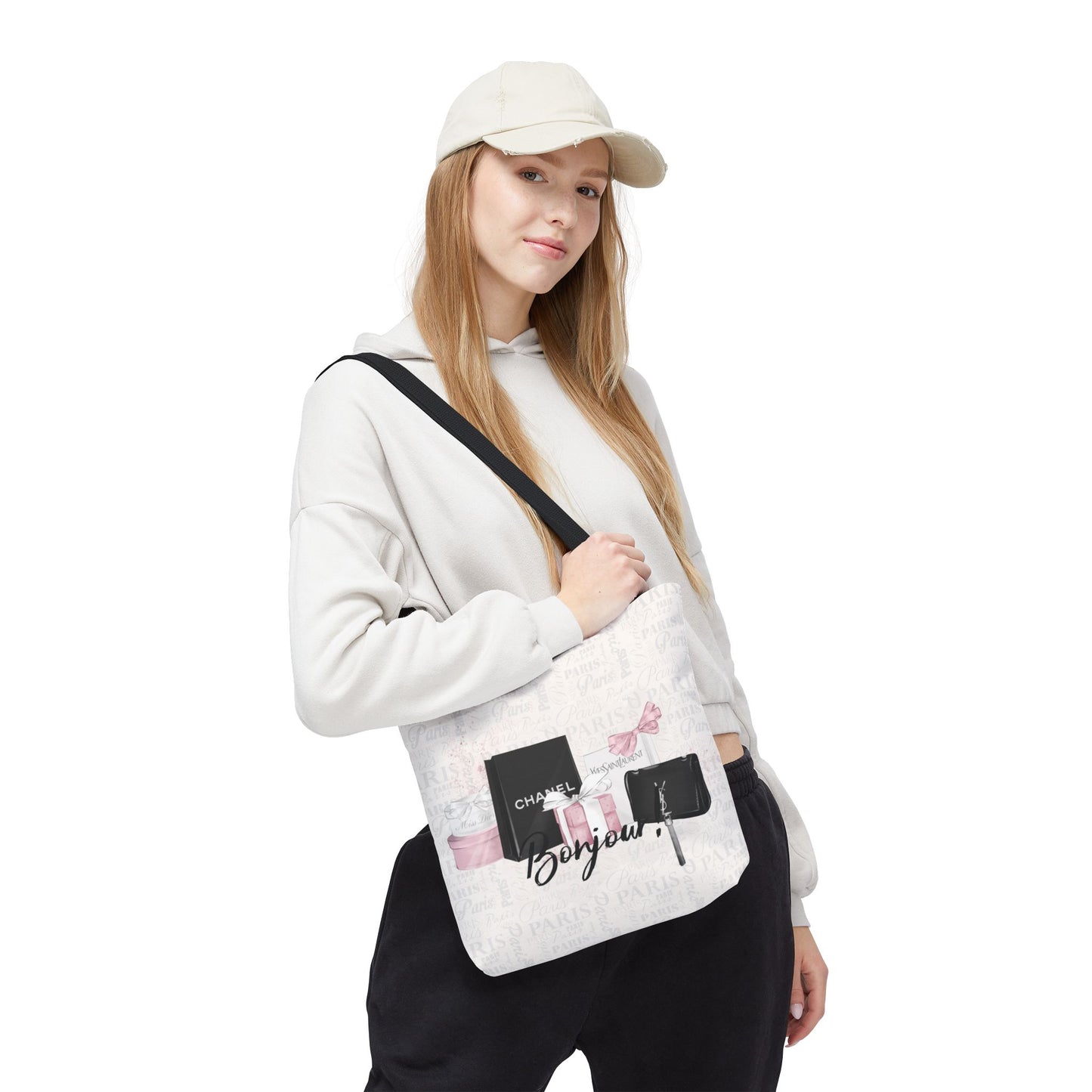 Bonjour Tote Bag, Utility Tote - Designer Inspired Tote - Shopping Fashion Tote - Parisian Pink