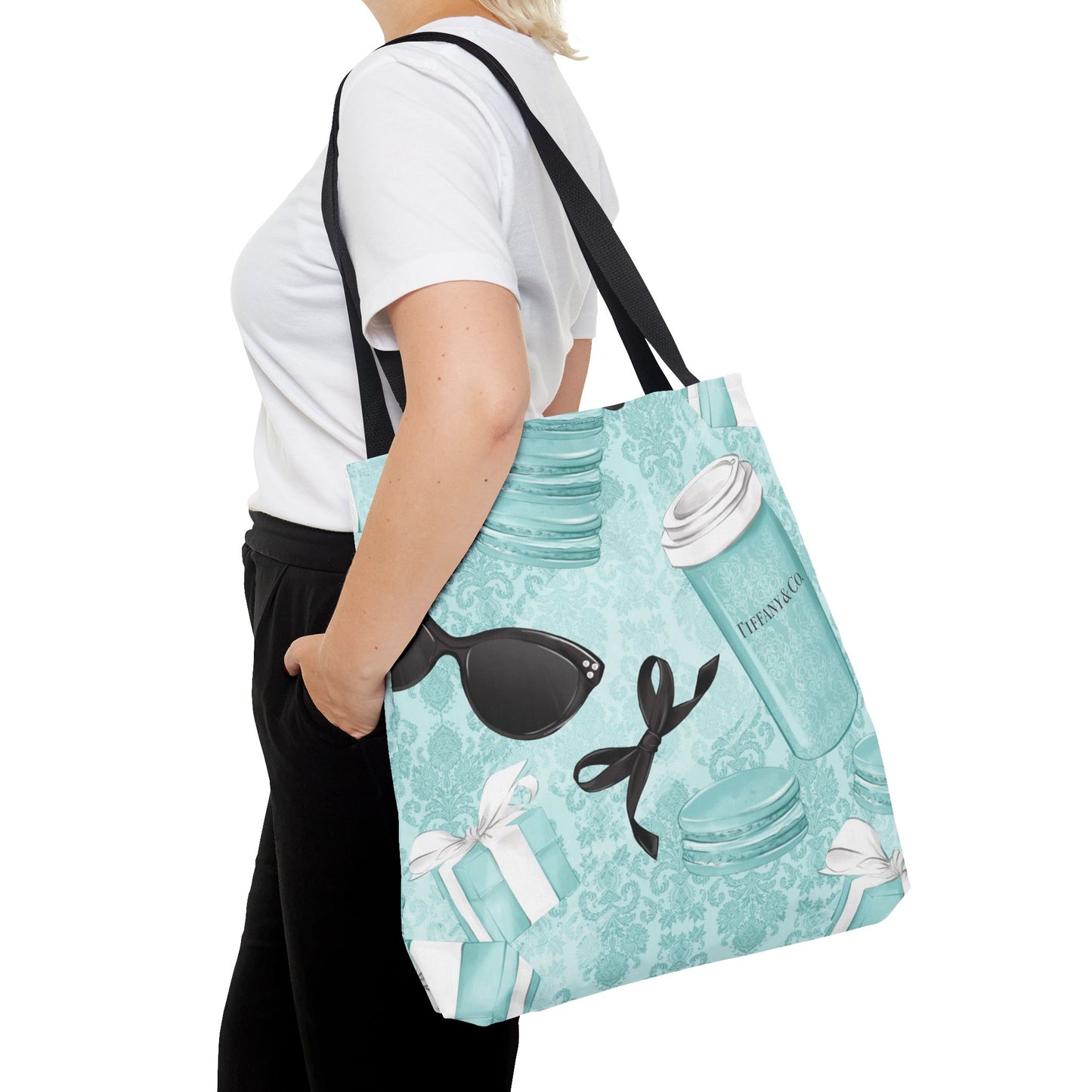 Coffee and Macarons Canvas Tote Bag, Basic Square Tote - Breakfast at Tiffany Inspired, Paris Blue