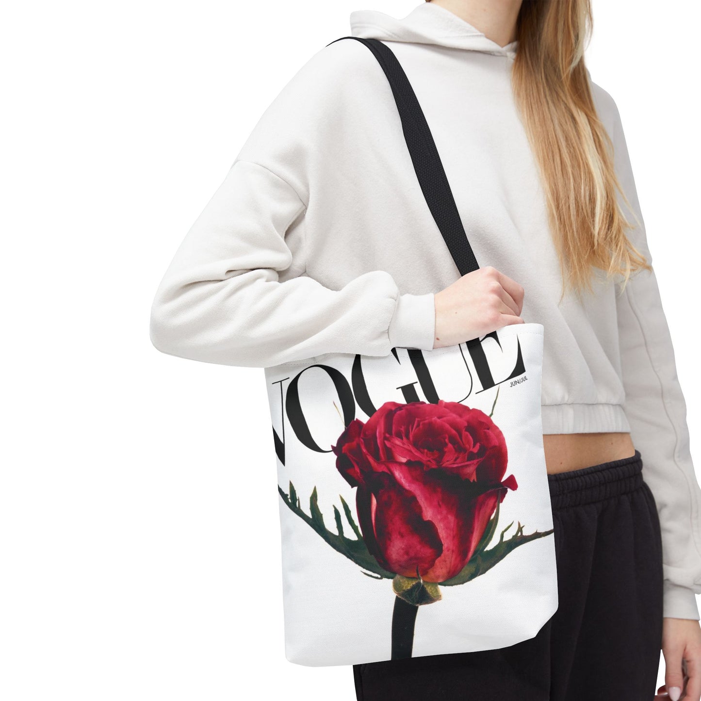 VOGUE Red Rose Square Utility Tote - Fashion Canvas Tote Bag - Designer Inspired Tote