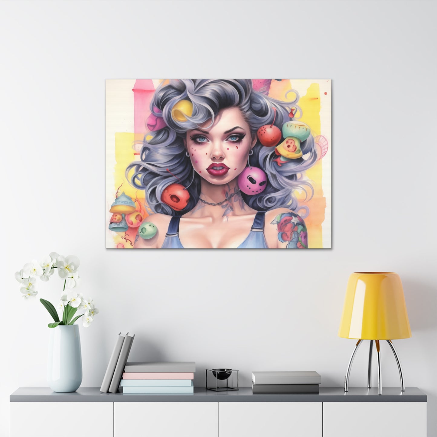 Gallery Wrapped Canvas, Tattooed Beauty, Femme Doll Pop Art Canvas – Lila