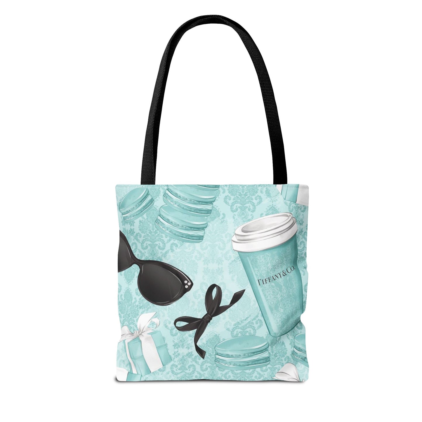 Coffee and Macarons Canvas Tote Bag, Basic Square Tote - Breakfast at Tiffany Inspired, Paris Blue