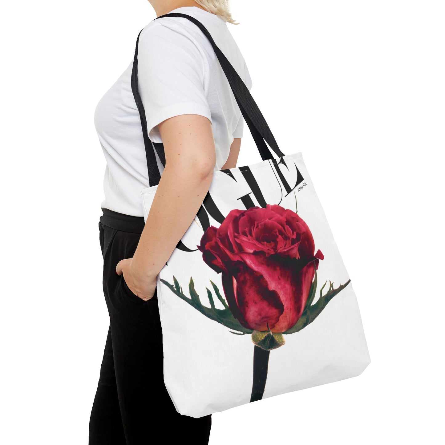 VOGUE Red Rose Square Utility Tote - Fashion Canvas Tote Bag - Designer Inspired Tote
