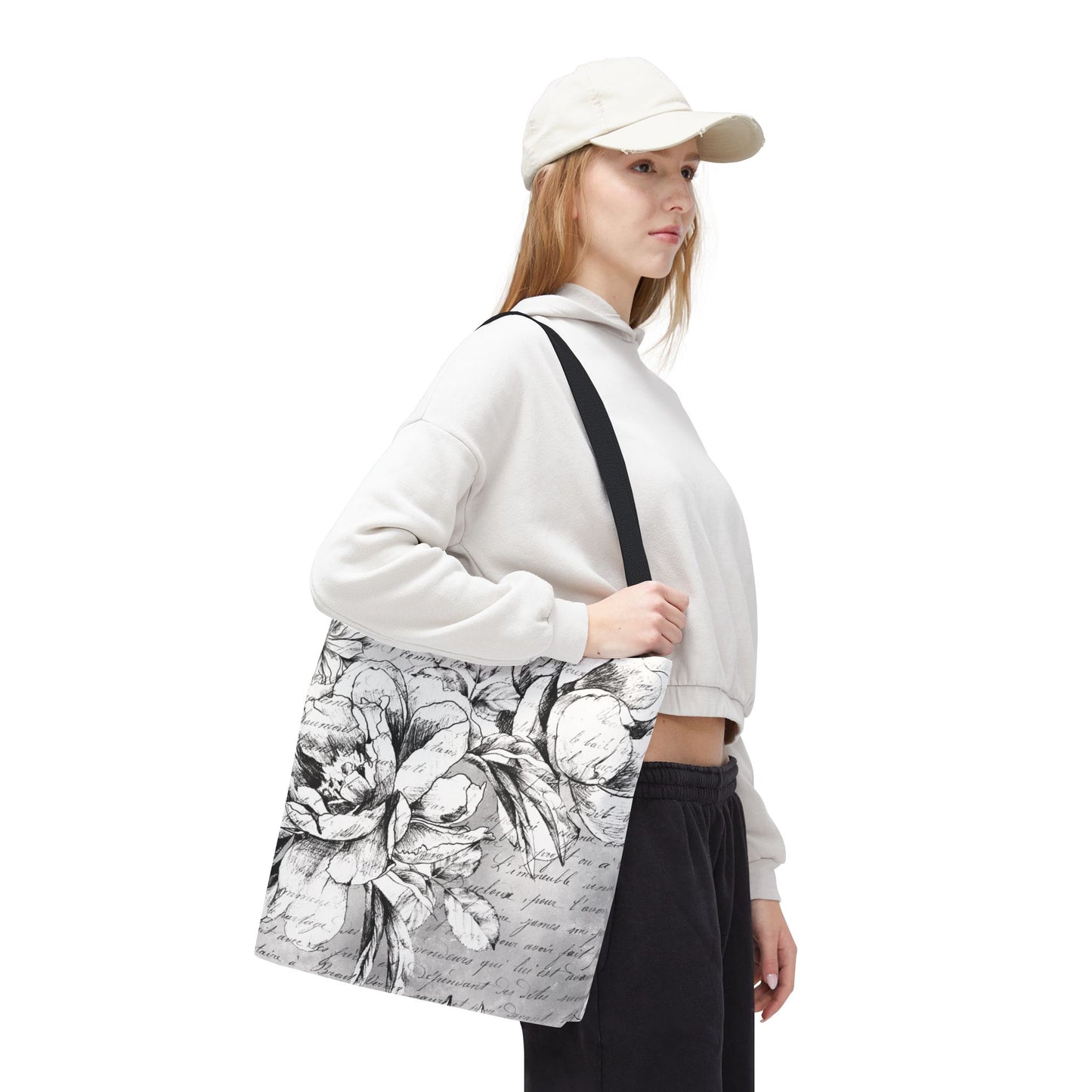 Peony Sketch Tote Bag, Utility Tote - Script Tote - Love Letters and Peonies