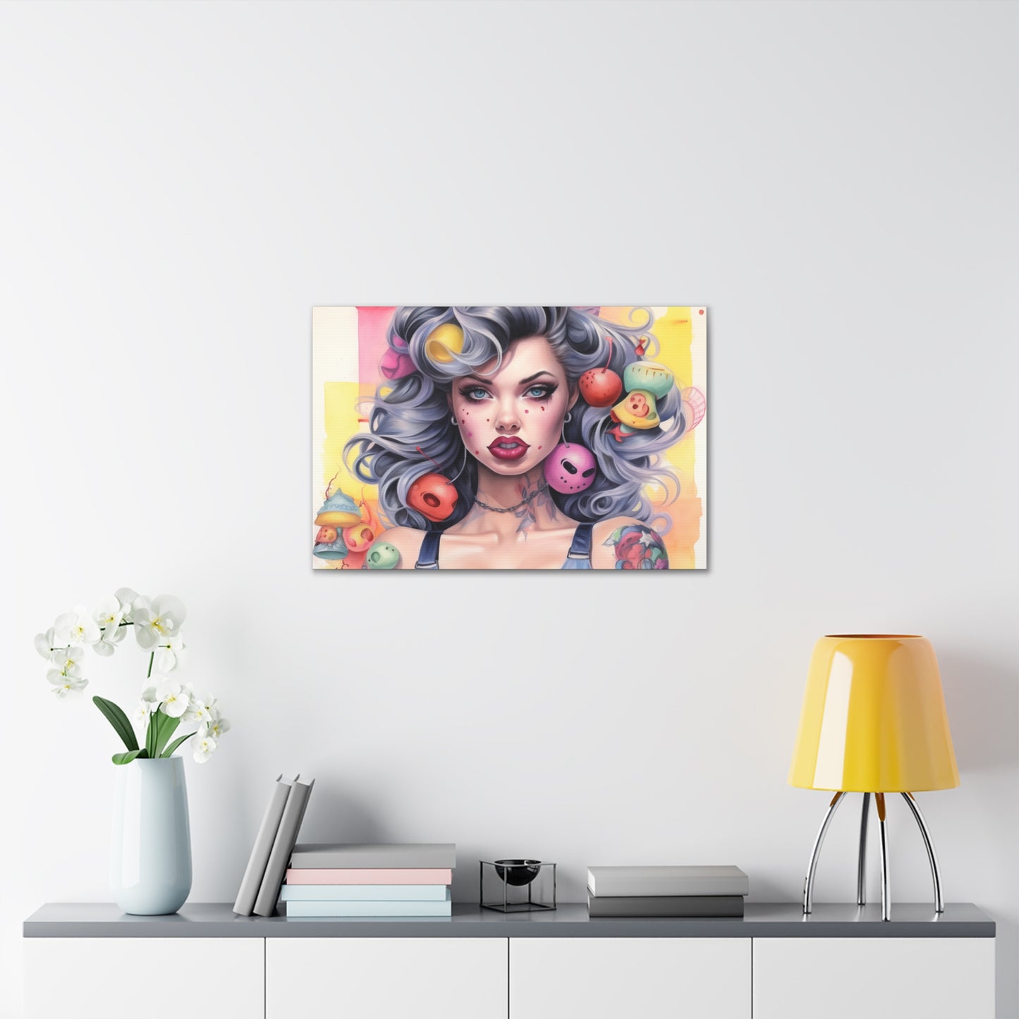 Gallery Wrapped Canvas, Tattooed Beauty, Femme Doll Pop Art Canvas – Lila