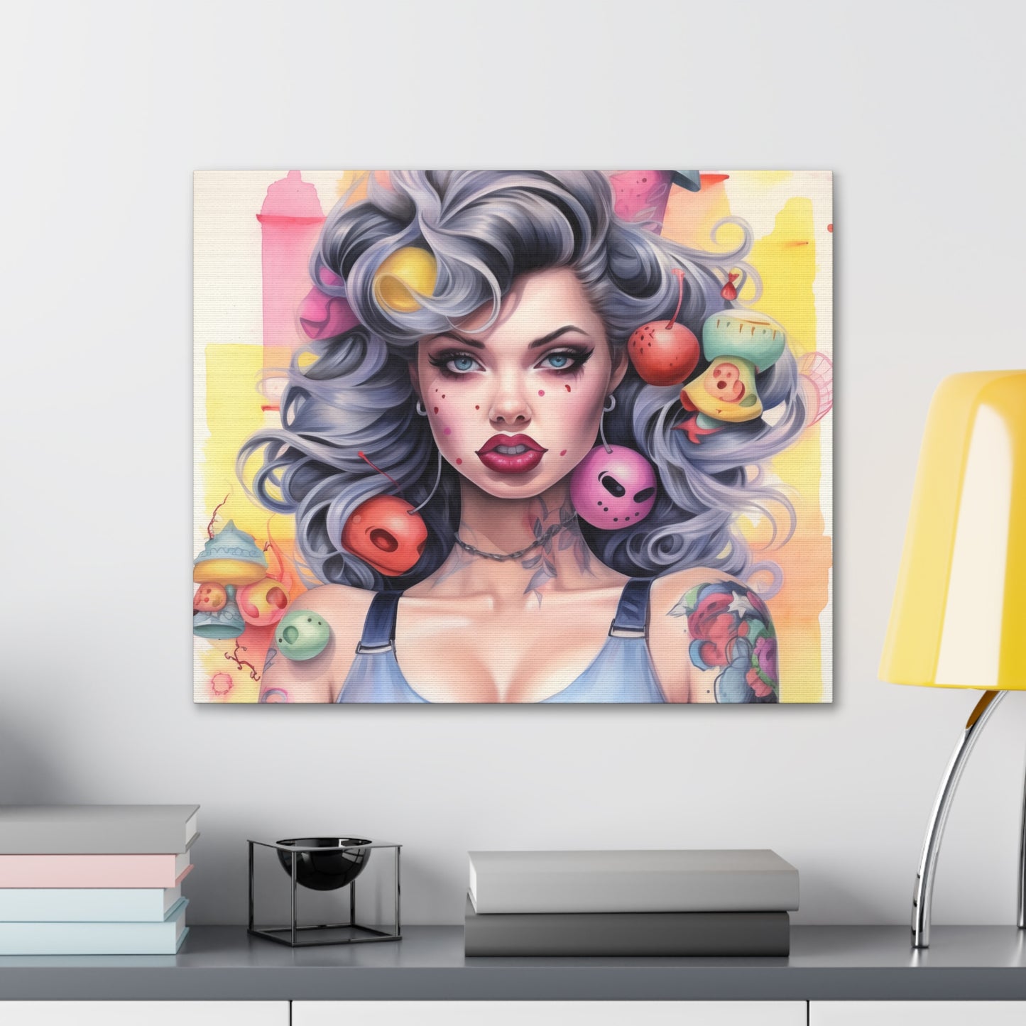 Gallery Wrapped Canvas, Tattooed Beauty, Femme Doll Pop Art Canvas – Lila