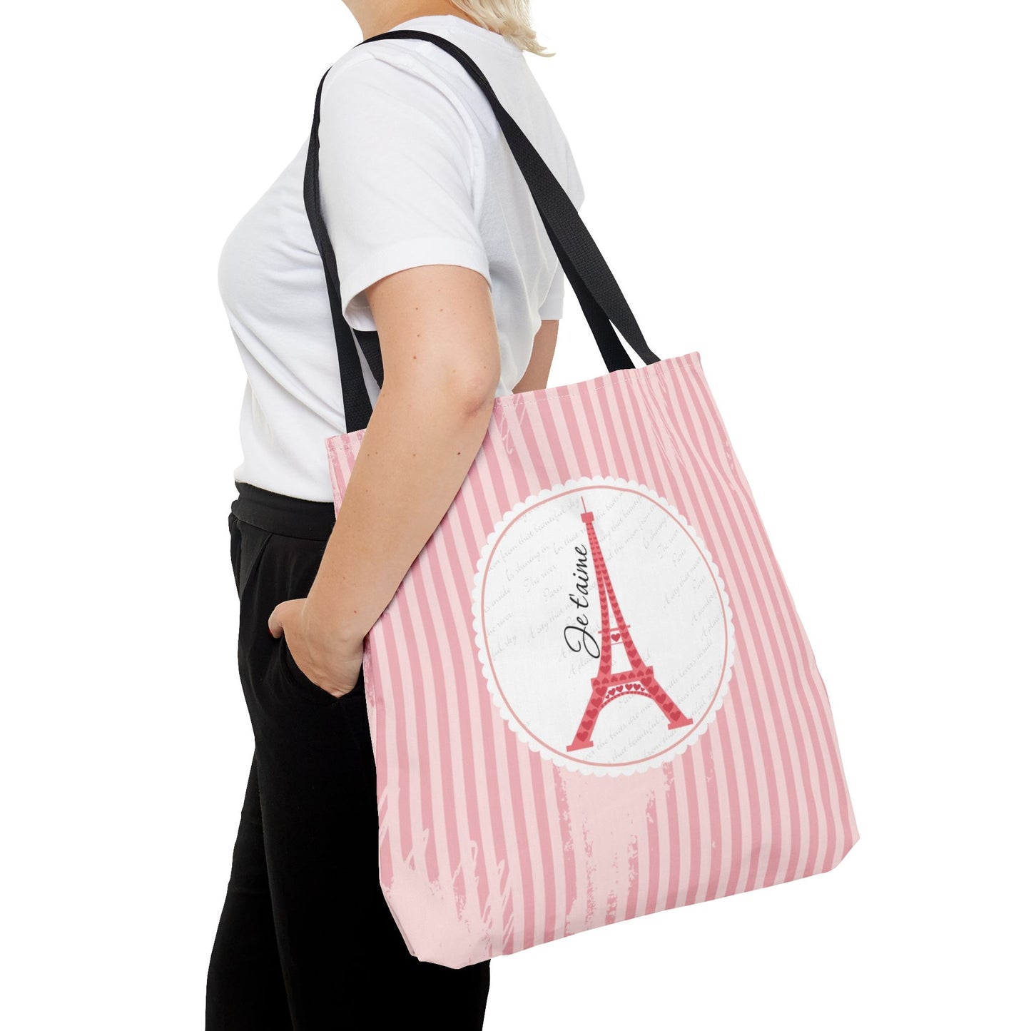 Ja taime Paris Tote Bag, Utility Tote - Eiffel Tower Tote - Fashion Tote - Pink Stripe