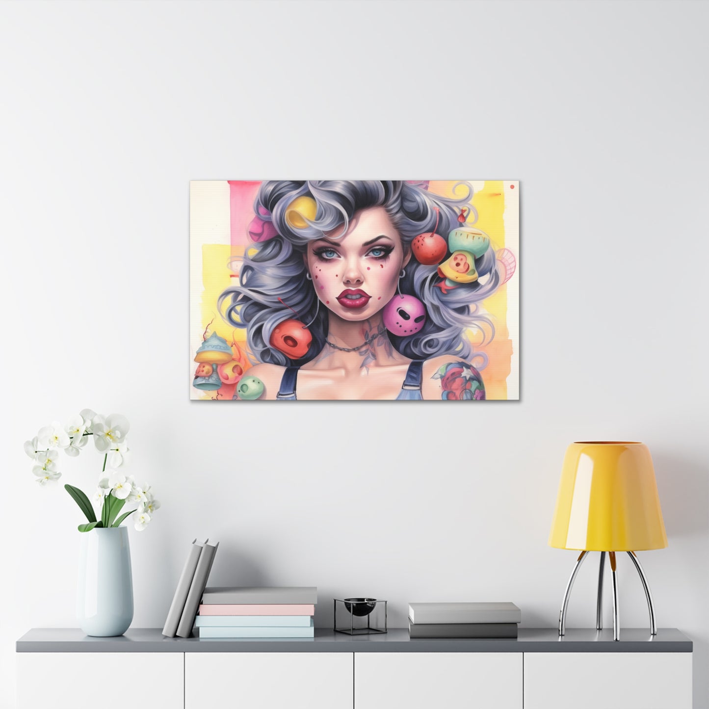 Gallery Wrapped Canvas, Tattooed Beauty, Femme Doll Pop Art Canvas – Lila