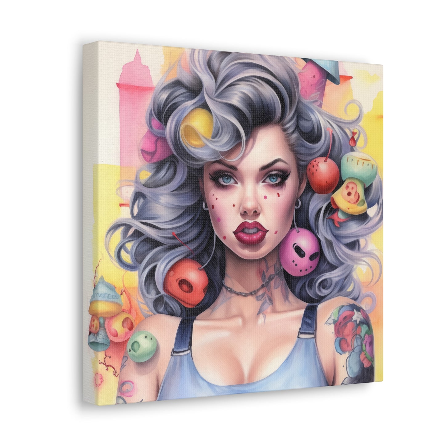 Gallery Wrapped Canvas, Tattooed Beauty, Femme Doll Pop Art Canvas – Lila