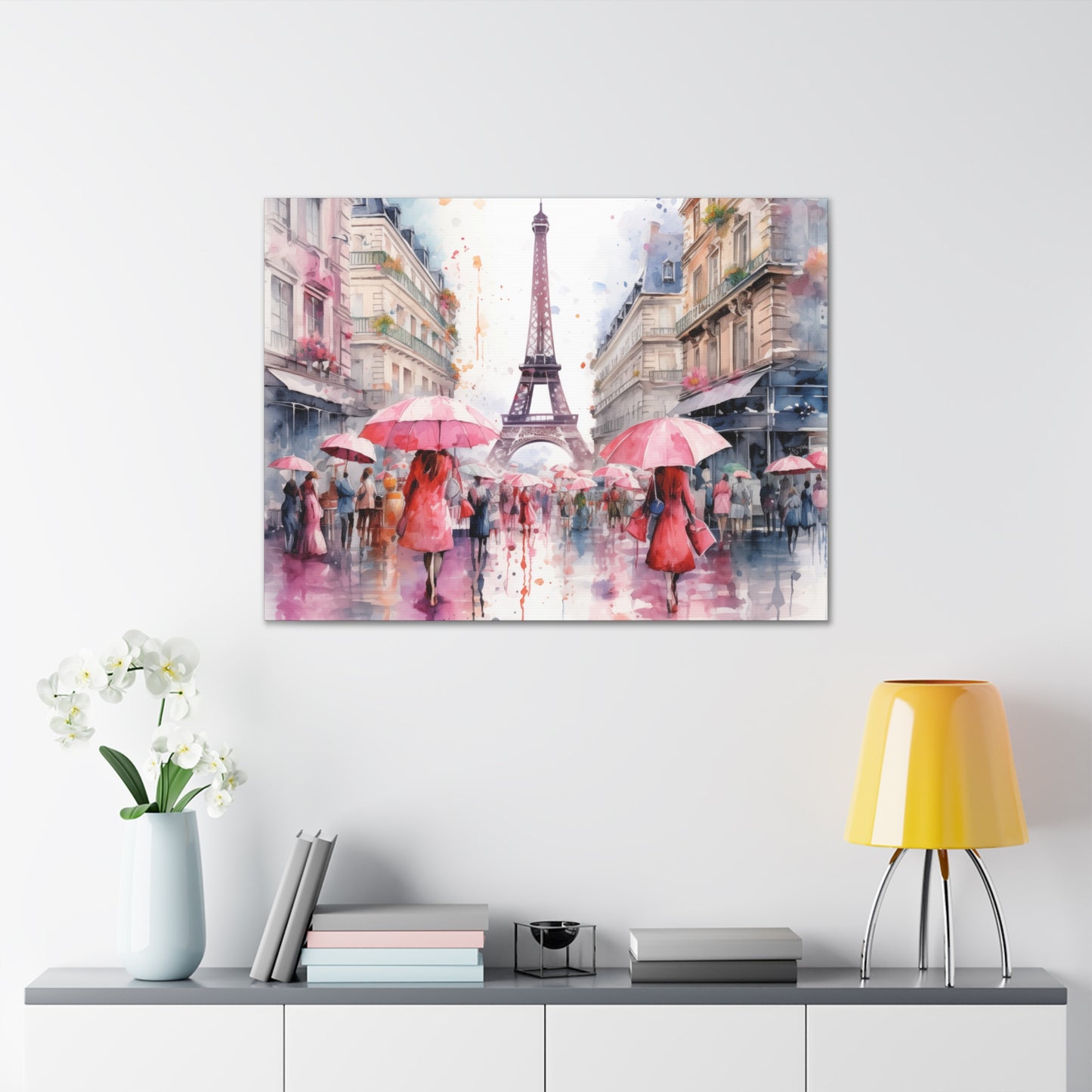 Eiffel Tower Wall Art, Paris France, Canvas Gallery Wrap - Pink Umbrellas