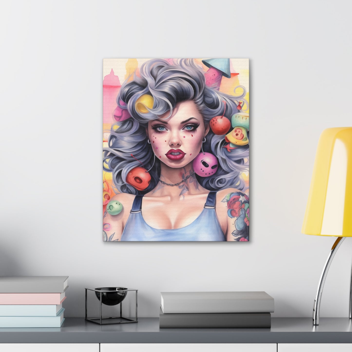 Gallery Wrapped Canvas, Tattooed Beauty, Femme Doll Pop Art Canvas – Lila