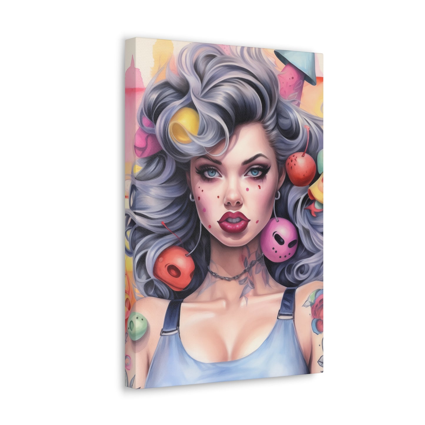 Gallery Wrapped Canvas, Tattooed Beauty, Femme Doll Pop Art Canvas – Lila