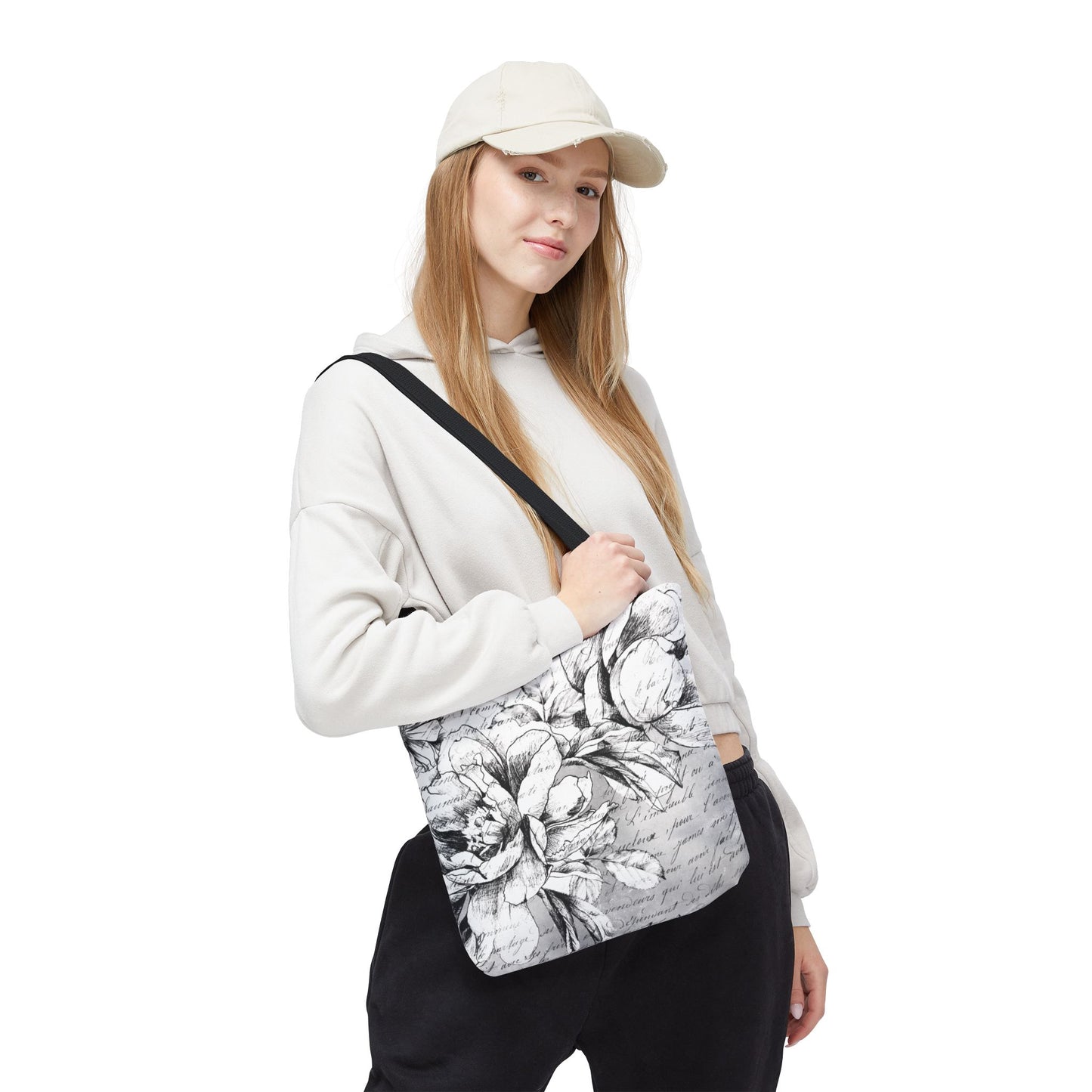 Peony Sketch Tote Bag, Utility Tote - Script Tote - Love Letters and Peonies
