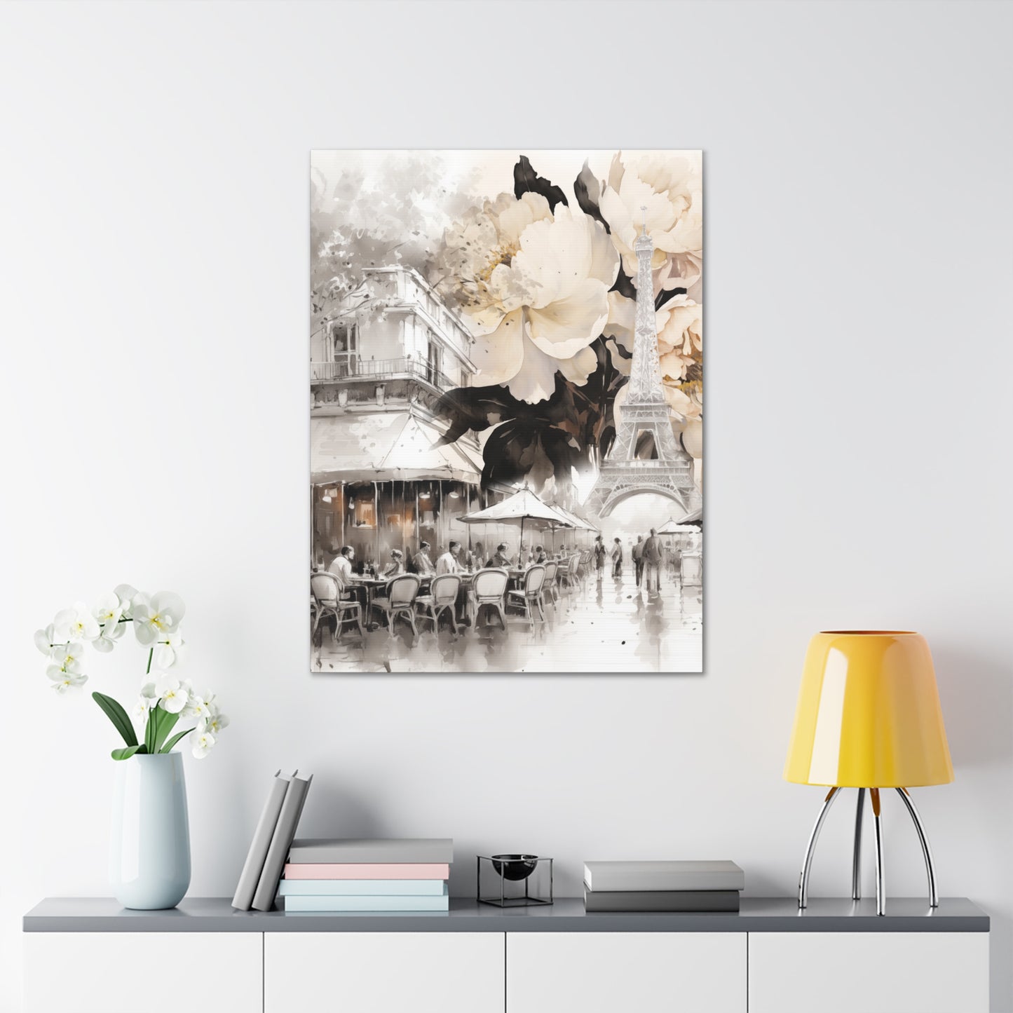 Cafe in Paris with Cream Peonies Canvas Gallery Wrap