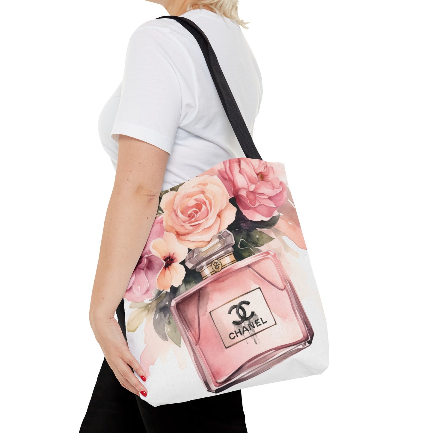 Designer Perfume Inspired Canvas Tote Bag, Basic Square Tote - Pink Perfume Bottle Vase, Designer Perfume