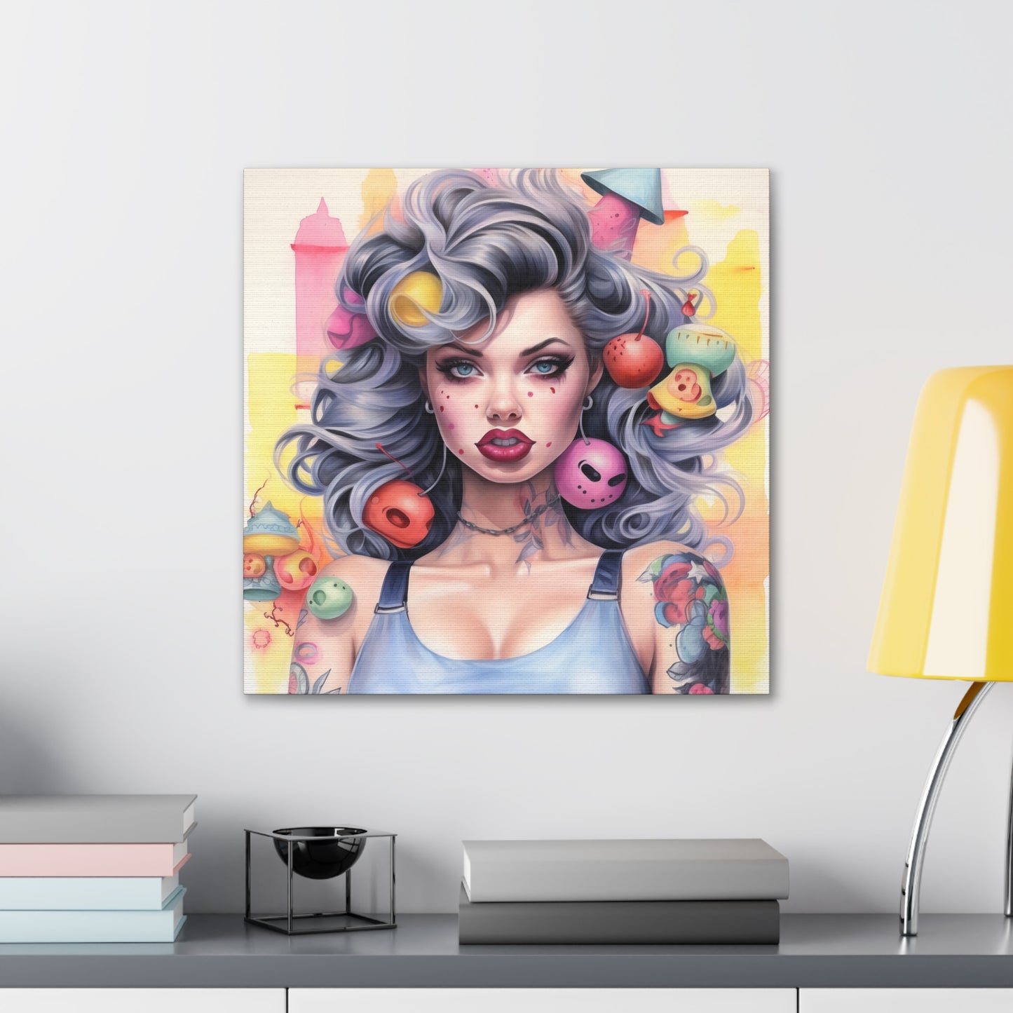 Gallery Wrapped Canvas, Tattooed Beauty, Femme Doll Pop Art Canvas – Lila