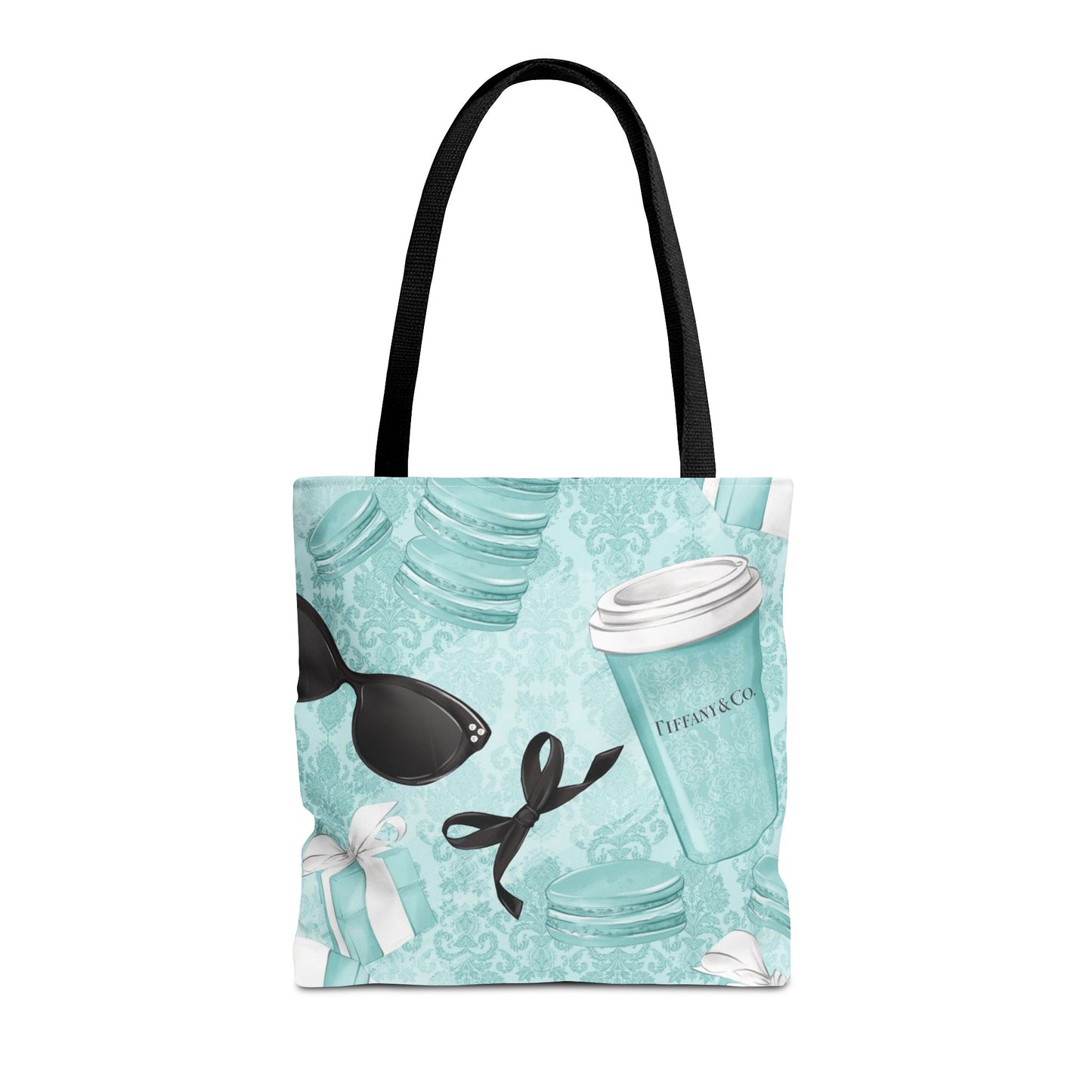Coffee and Macarons Canvas Tote Bag, Basic Square Tote - Breakfast at Tiffany Inspired, Paris Blue
