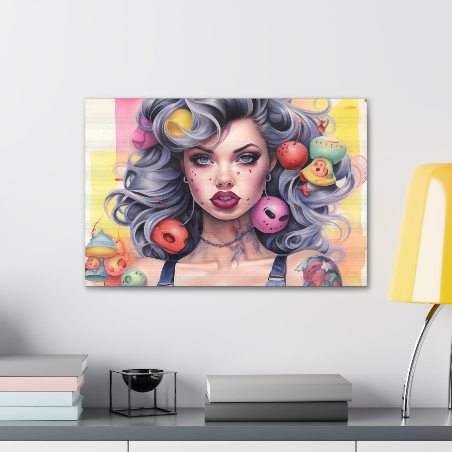 Gallery Wrapped Canvas, Tattooed Beauty, Femme Doll Pop Art Canvas – Lila