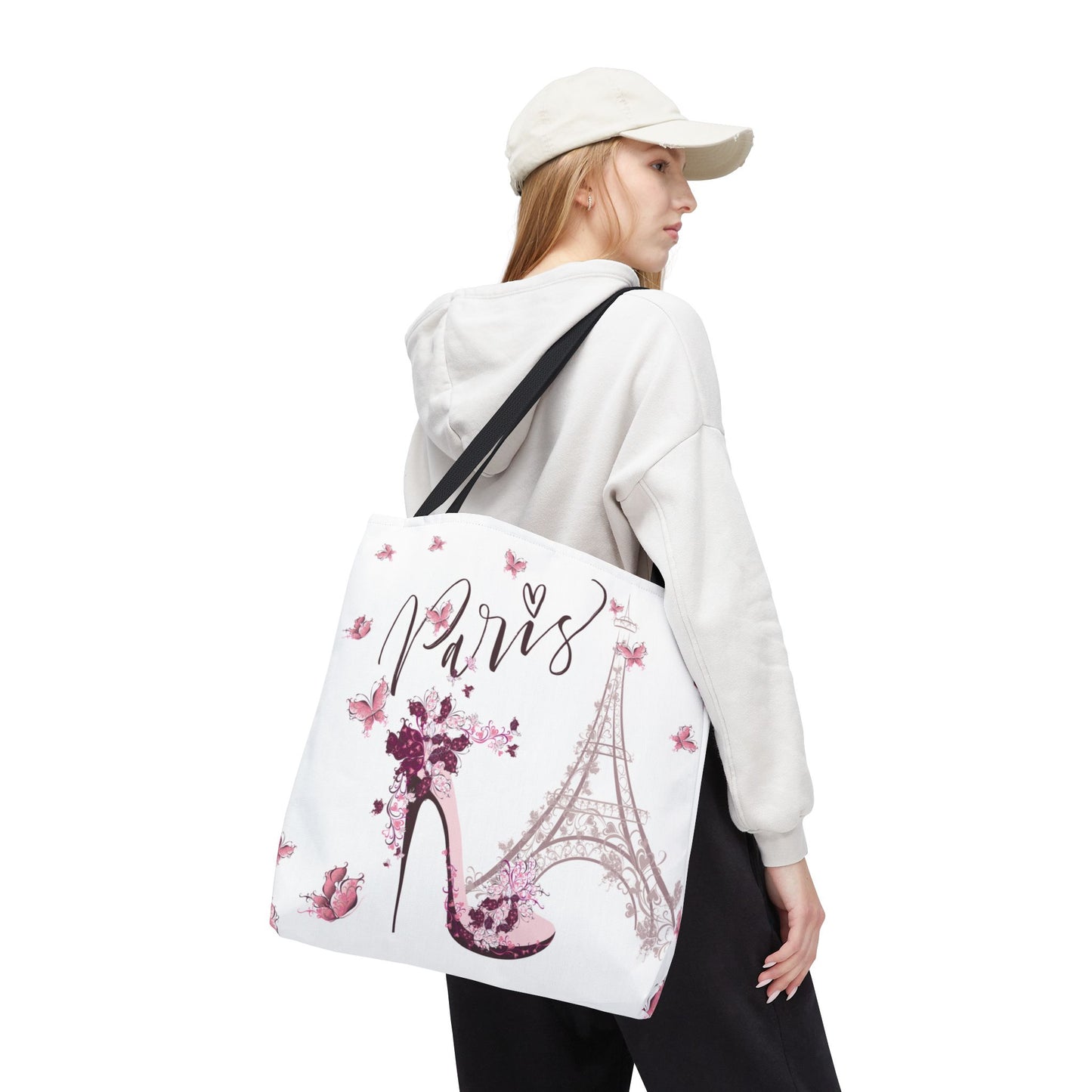 Eiffel Tower in Paris Tote Bag, Utility Tote - Paris France Inspired Tote - Pink Butterflies