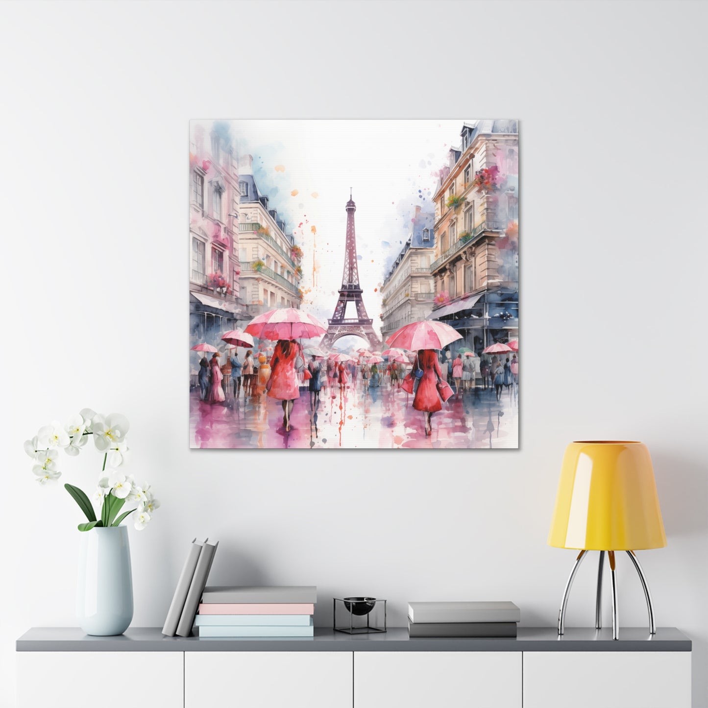 Eiffel Tower Wall Art, Paris France, Canvas Gallery Wrap - Pink Umbrellas