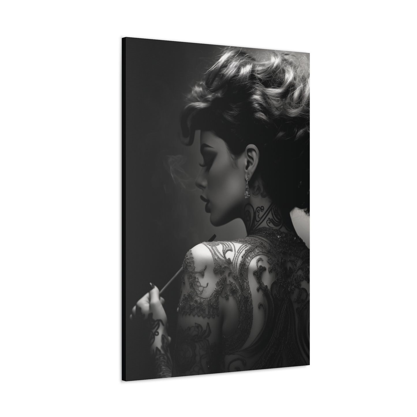 Canvas Gallery Wrap - Black and White Photography - Tattooed and Smoking