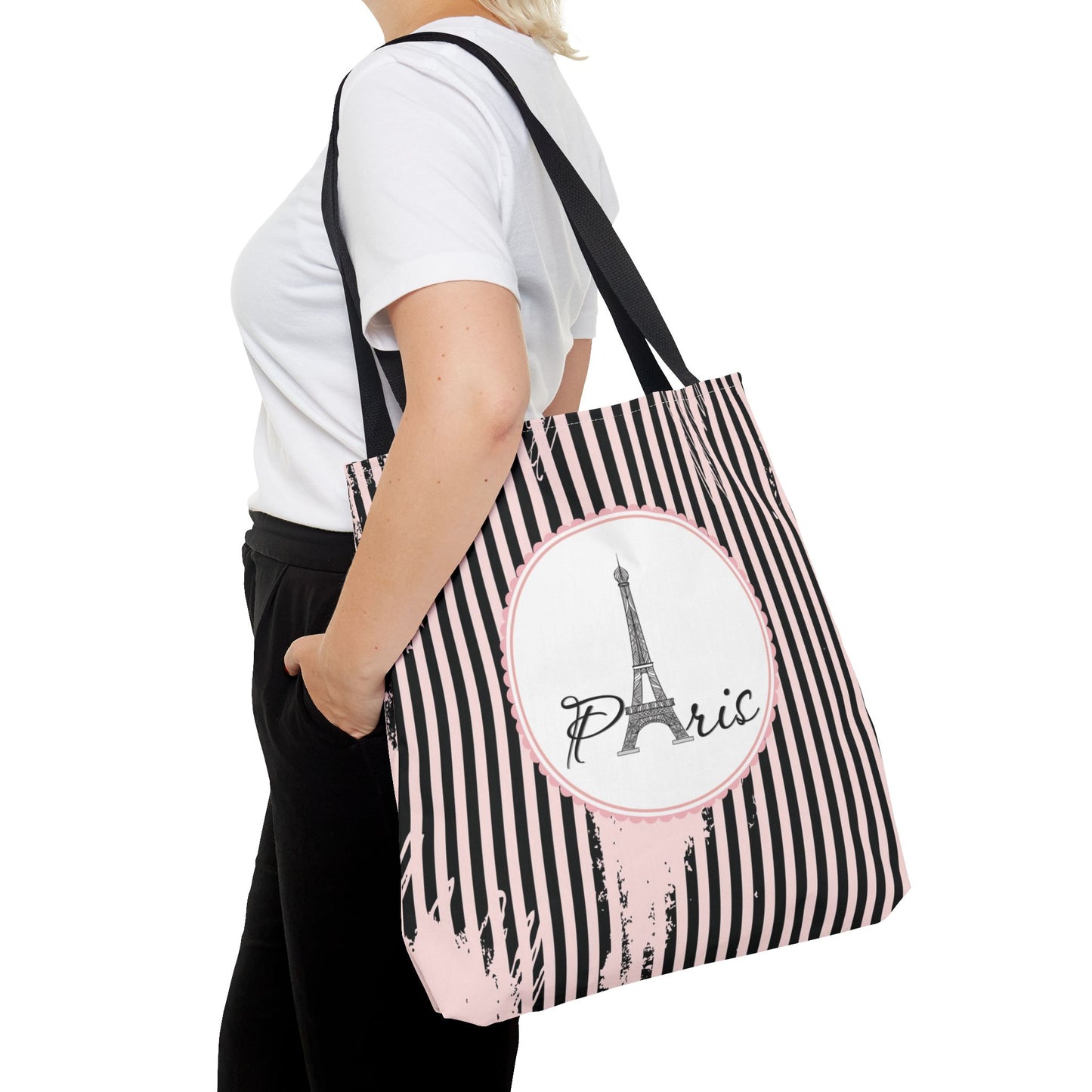 Paris Tote Bag, Utility Tote - Eiffel Tower Tote - Fashion Tote - Pink and Black Stripe