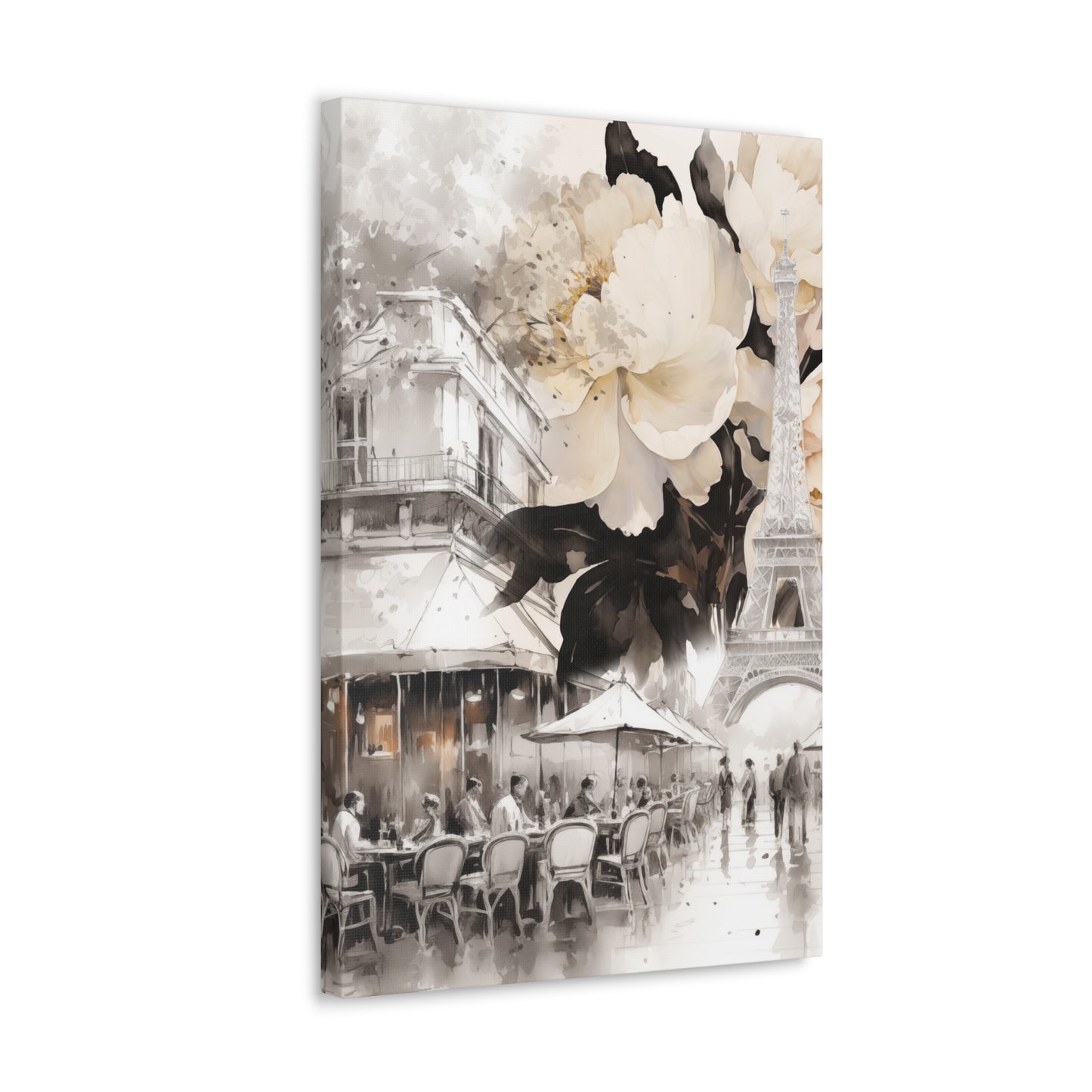 Cafe in Paris with Cream Peonies Canvas Gallery Wrap