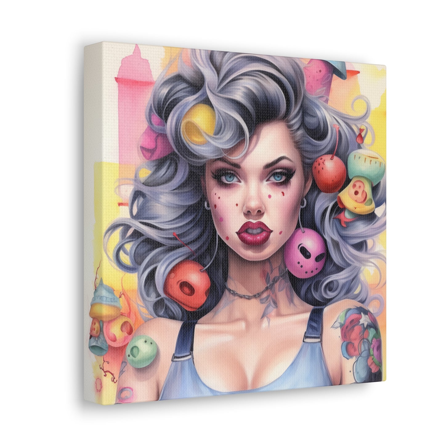 Gallery Wrapped Canvas, Tattooed Beauty, Femme Doll Pop Art Canvas – Lila