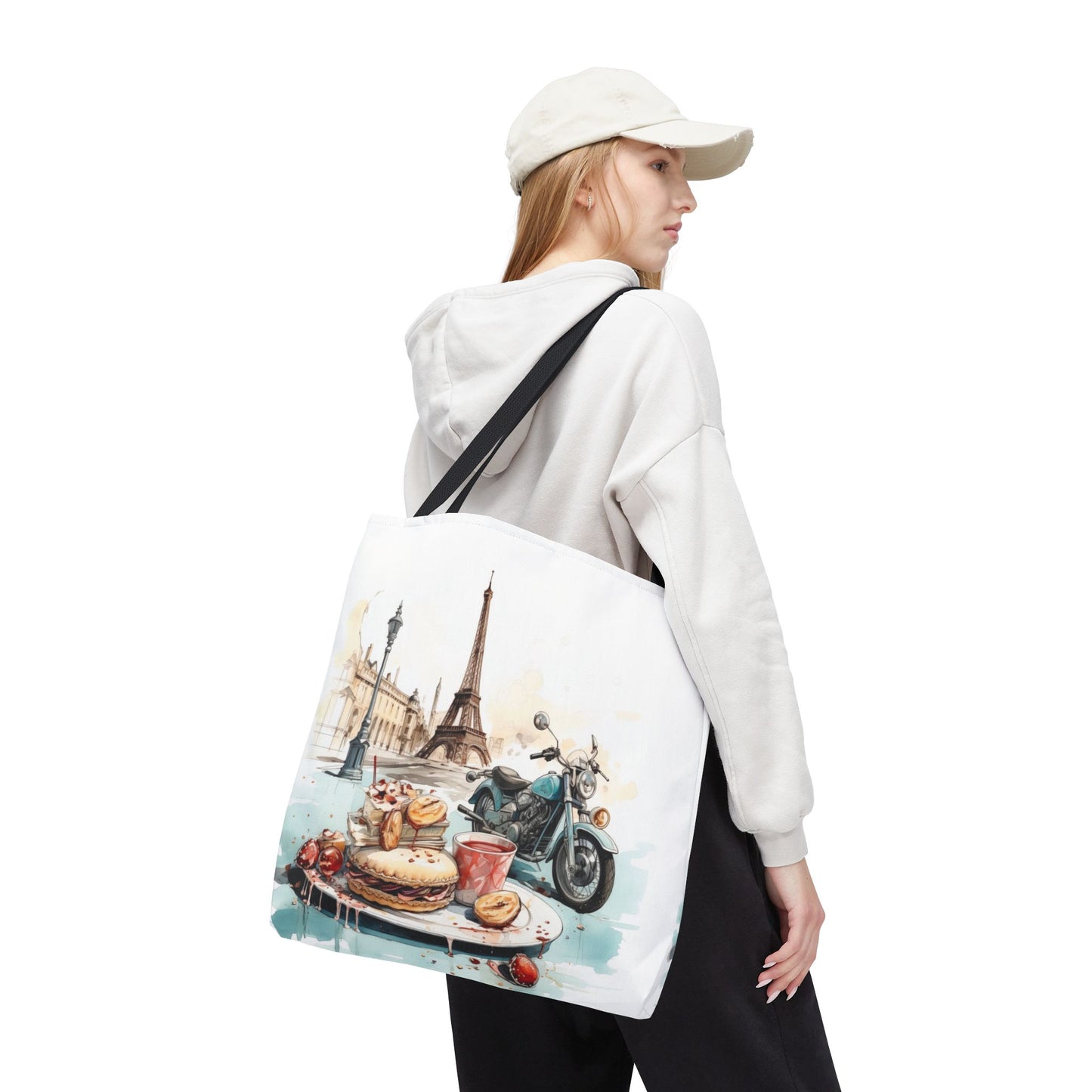 Canvas Tote Bag, Basic Square Tote - Vintage Motorcycle and Pastries in Paris