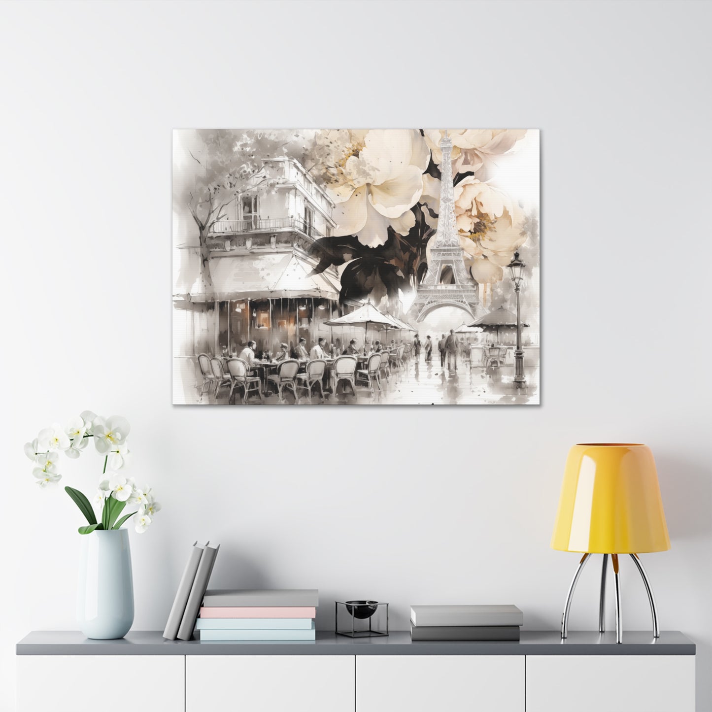 Cafe in Paris with Cream Peonies Canvas Gallery Wrap