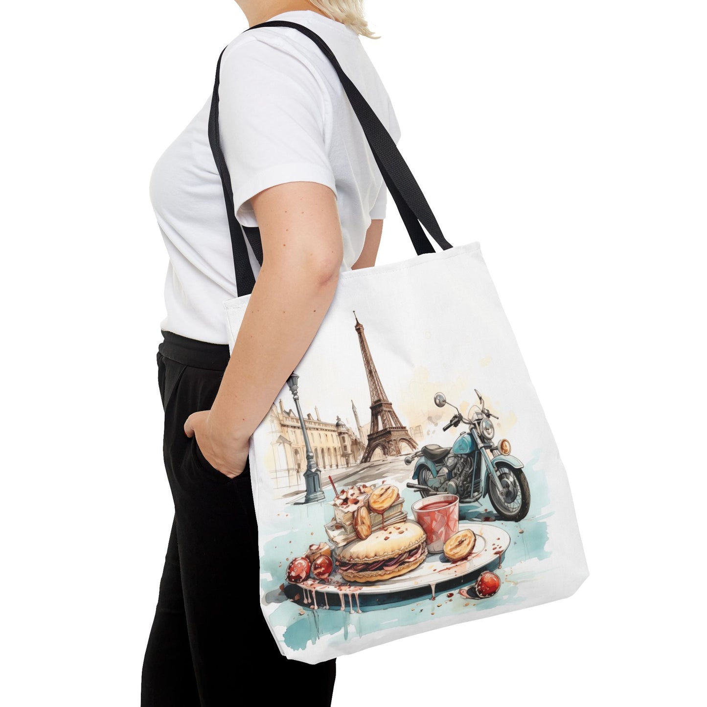 Canvas Tote Bag, Basic Square Tote - Vintage Motorcycle and Pastries in Paris