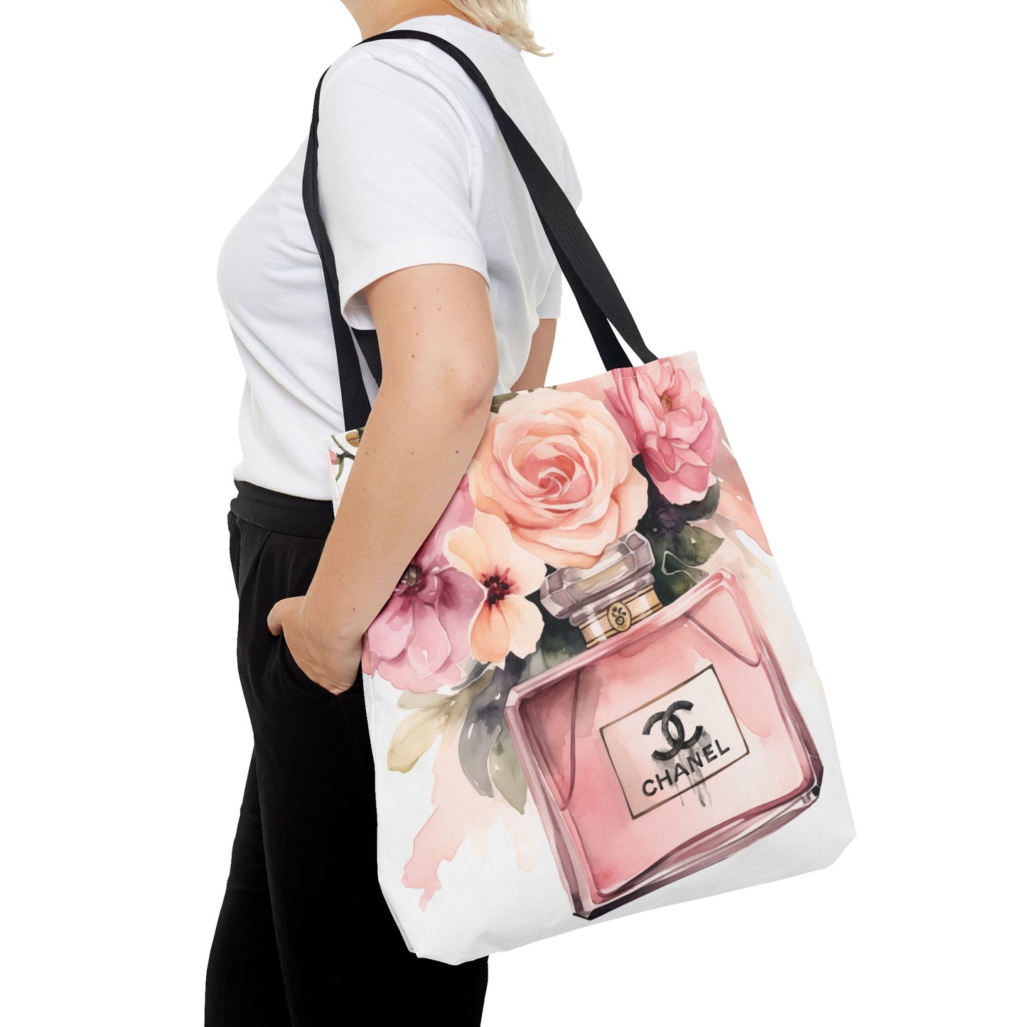 Designer Perfume Inspired Canvas Tote Bag, Basic Square Tote - Pink Perfume Bottle Vase, Designer Perfume