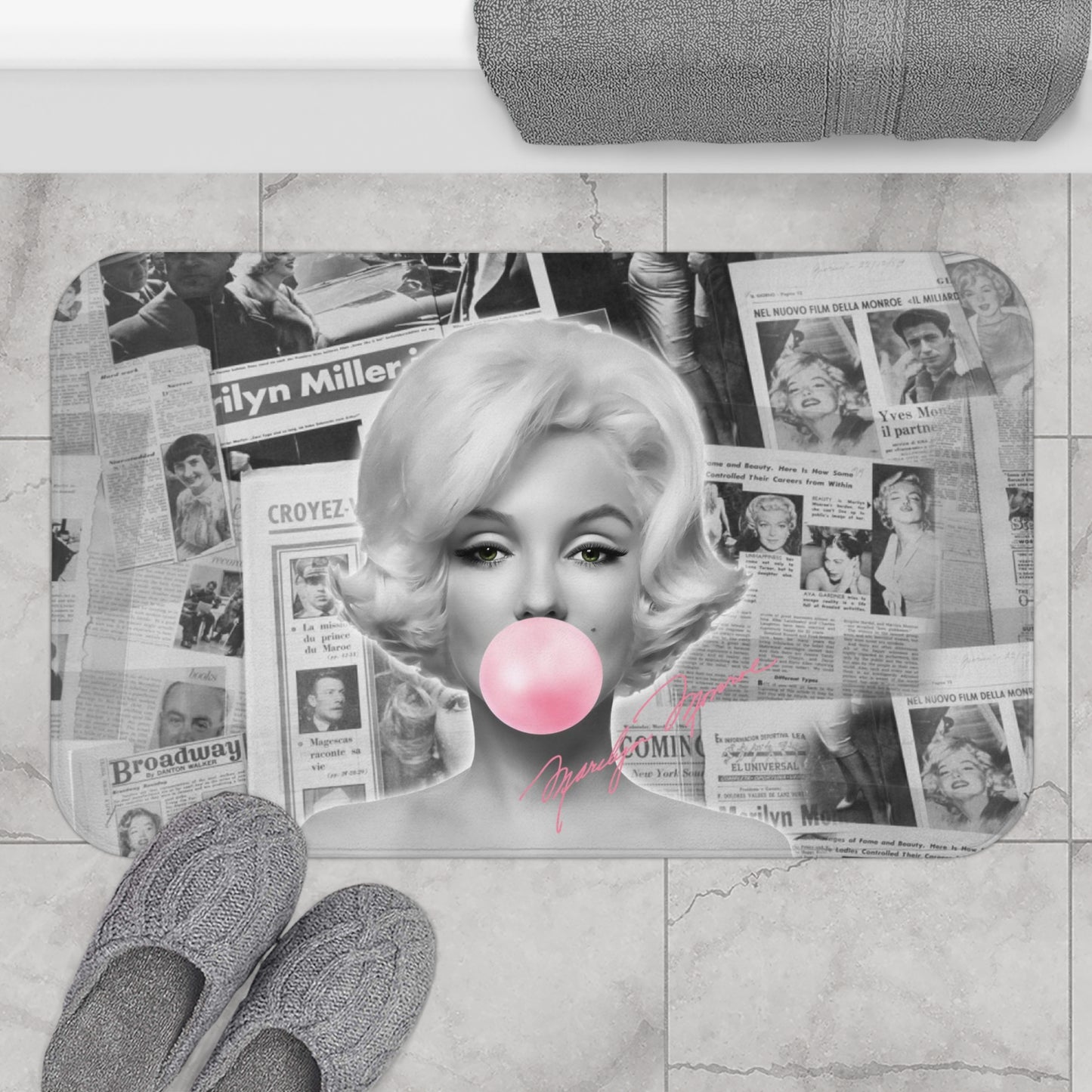Marilyn Monroe Bath Mat - Black and White Vintage News Print - Marilyn Monroe Bubblegum Pink Autograph Bath Curtain